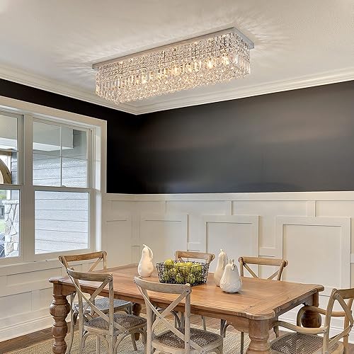 Miniatura 96 de 7PM Candelabro rectangular de cristal K9 moderno colgante rectangular para comedor, cocina, isla dormitorio, color negro, 47 pulgadas de largo x 10