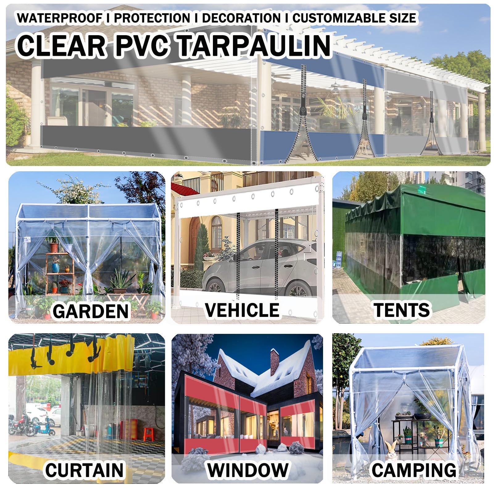 Transparent Plane Abdeckplane mit ösen 2,1mx6m,0.5mm Terrassenplane Transparente Seitenplane mit 1 ReißVerschluss Zeltplane Wasserdicht für Balko Regenschutz Garten