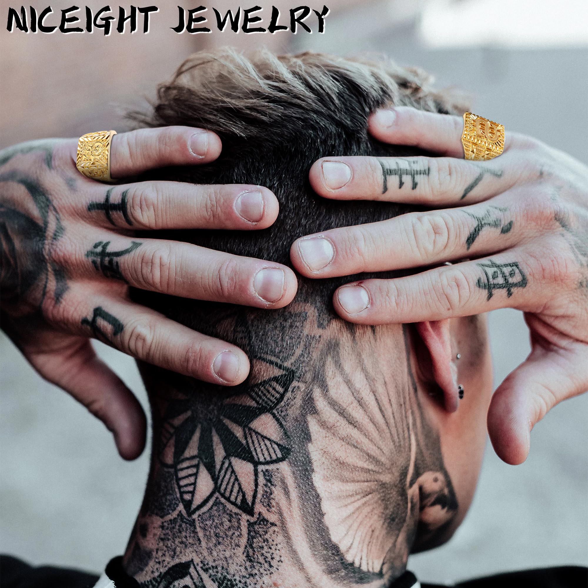 Juego de 5 anillos rellenos de oro de 18 quilates para hombres y mujeres, anillos Kanji, rica suerte, riqueza, dragón dólar, juego de anillos de tamaño ajustable, Cobre, Sin piedras preciosas 5