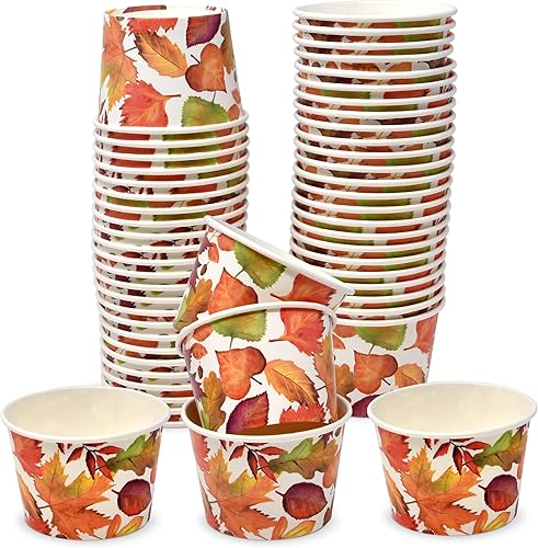 Gift Boutique - 48 tazas de aperitivos de hojas de Acción de Gracias, 10 onzas. Tazones de postre de papel desechables de cosecha, diseño navideño