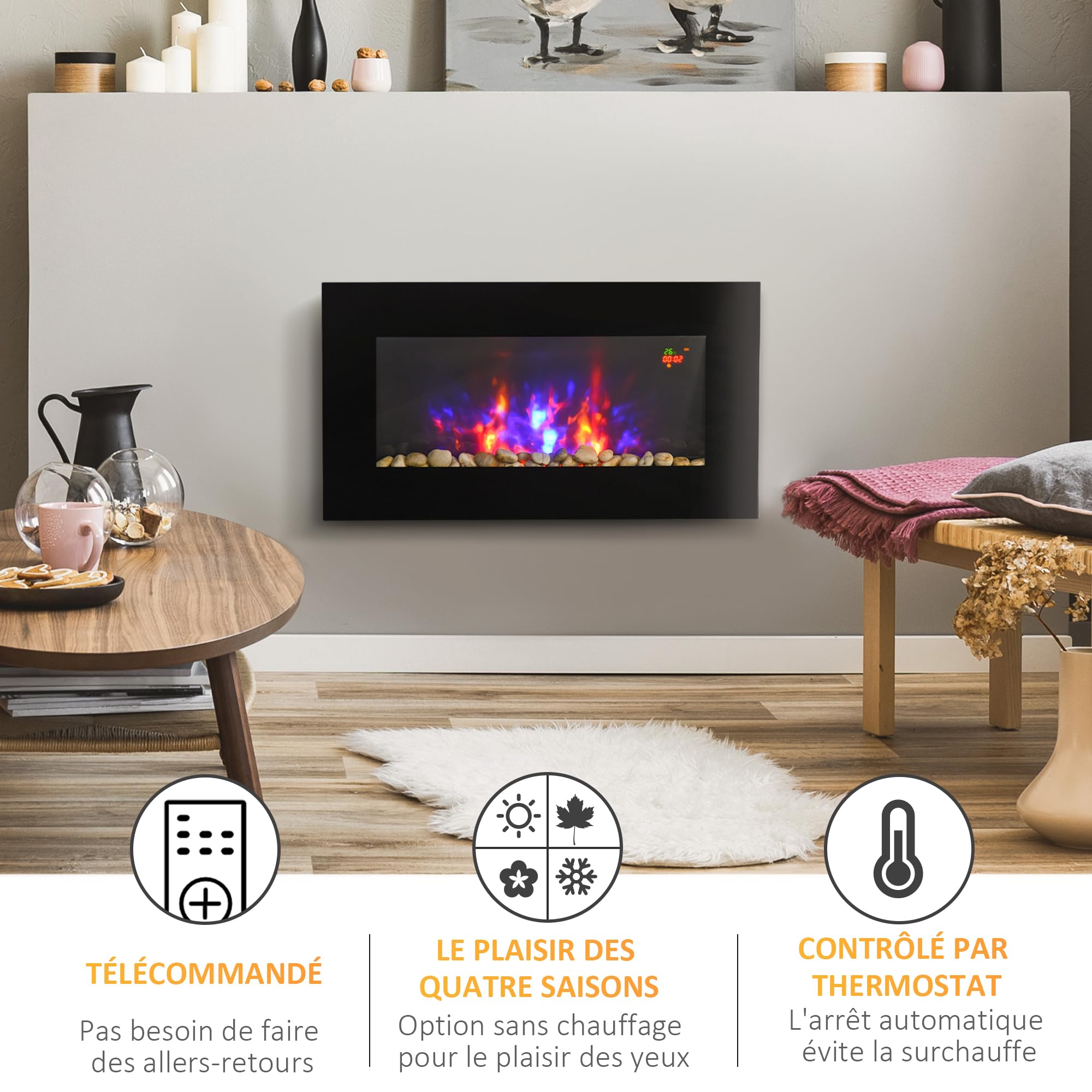 HOMCOM Camino elettrico da parete 1000/2000 W, camino decorativo con effetto fiamma LED 7 colori regolabili, temperatura 15-30 ℃, telecomando, timer e protezione contro il surriscaldamento, nero
