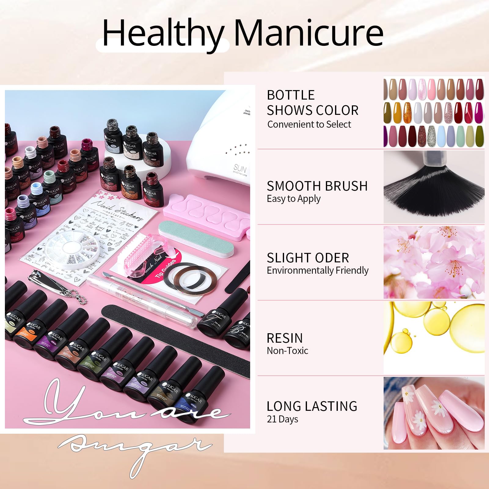 UR SUGAR Kit Vernis Semi Permanent Complet, 39 Couleurs Kit Ongle Gel UV Complet avec 48W Lampe UV/LED, Kit Manucure Semi Permanent avec Base et Top Coat set pour Femmes Débutant Cadeau
