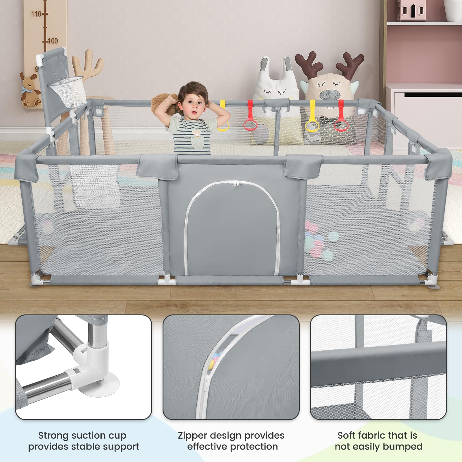 Grand Parc Bébé Modulable 180×120×66 cm Tissu Oxford Gris Foncé Aire de Jeux Sécurisée