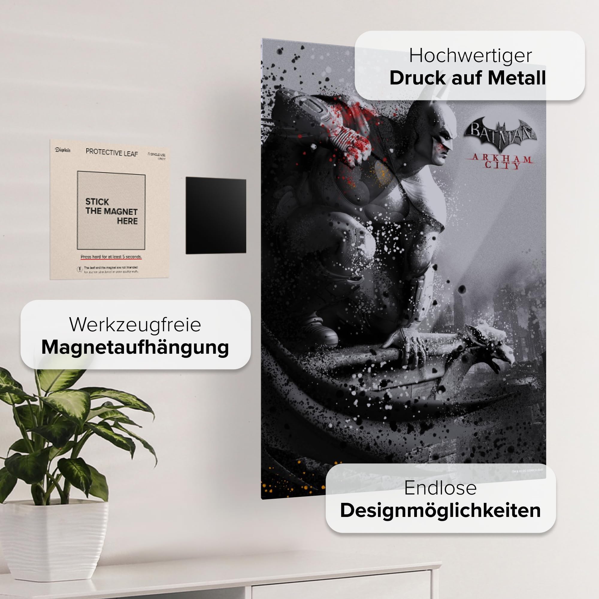 Displate - Poster in metallo - Montaggio facile senza foratura - DC Comics - Arkham Asylum - Batman - Größe M - 32 x 45 cm Matt