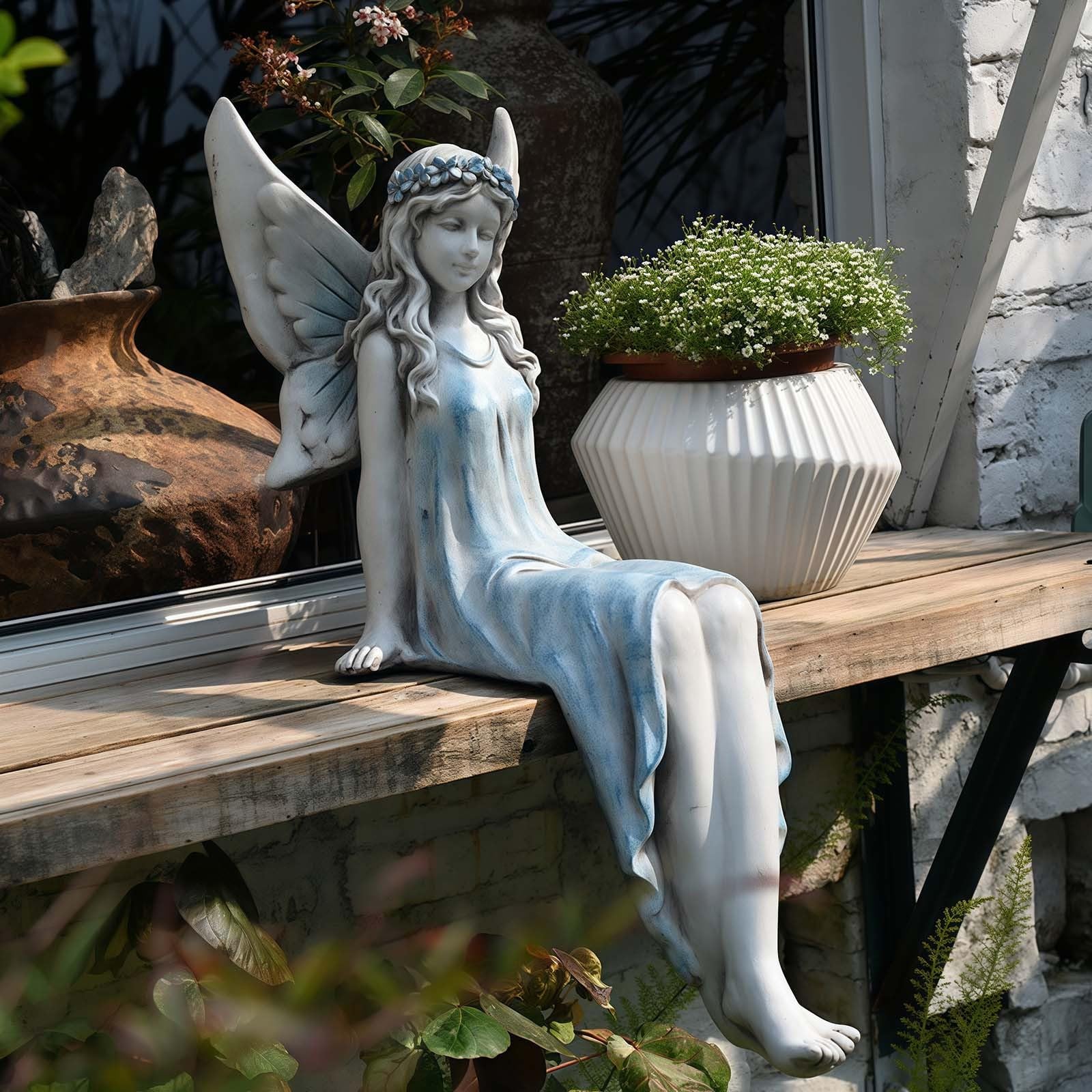Grande statua da giardino delle fate, 62 cm, statua di fata seduta per esterni, in resina, scultura in resina per patio, cortile, portico, decorazione per la casa