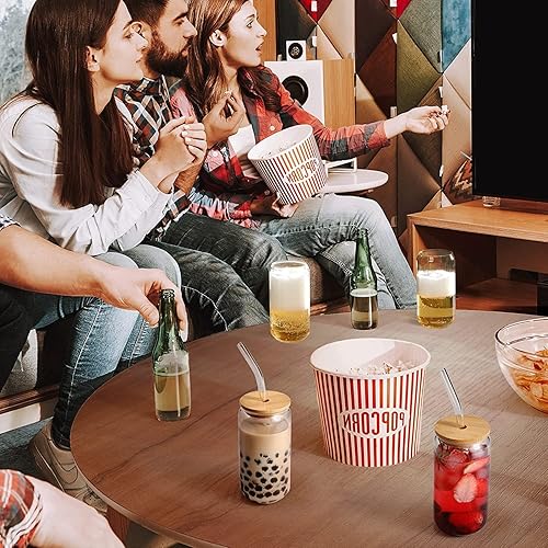 Miniatura 4 de Juego de 4 vasos para beber con tapas de bambú y popote de vidrio, vasos de vidrio en forma de lata de 16 onzas, vasos de cerveza, vasos de café