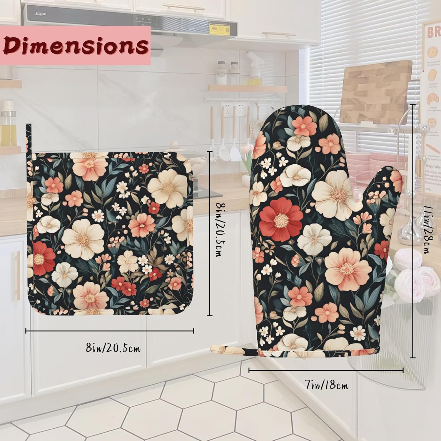Floral Boho Heat-Resistant Silicone Oven Mitts and Pot Holder 4 Piece Set,Pink Flower Non-Slip Kitchen Oven Gloves for Baking, BBQ, Cooking,Grilling