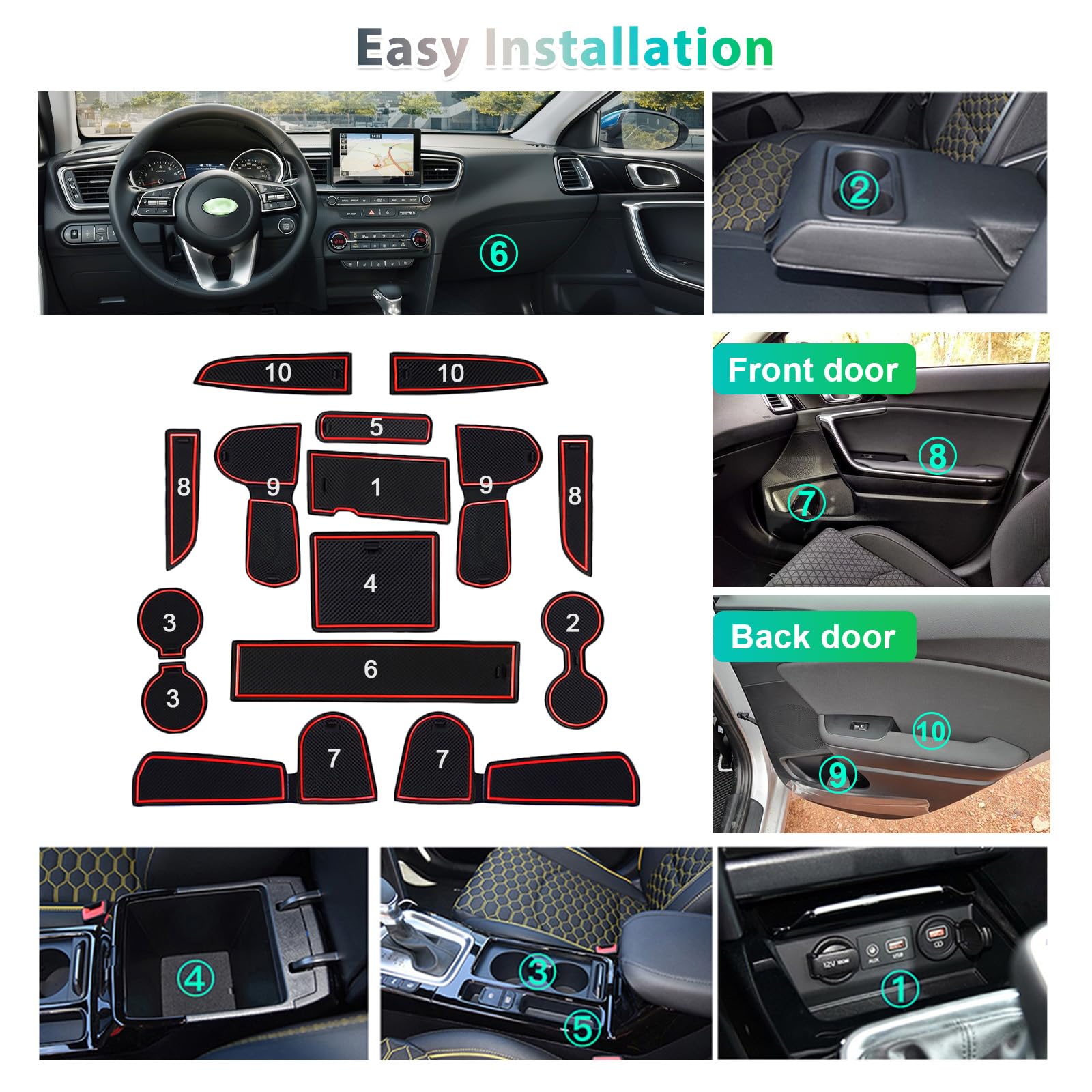 GAFAT Compatibili con Kia Ceed Proceed/XCeed GT Line 2018-2025 2026 Tappetini Antiscivolo, Tappetino in Gomma per Console Centrale, Portabicchieri, Cuciture Porta, Accessori Ceed XCeed (Rosso)