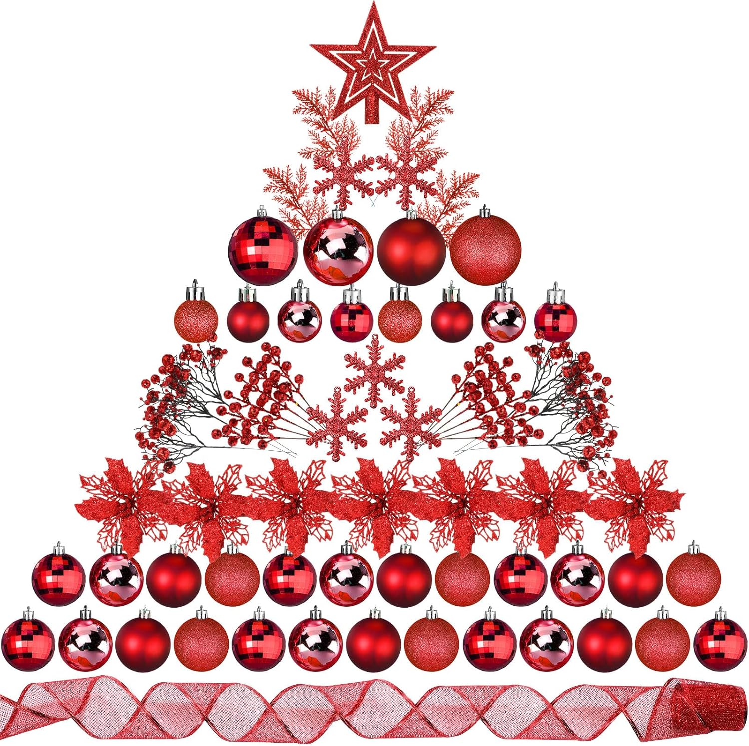 Sratte 94 Pcs Christmas Tree Decorations Set, Christmas Tree Ball Ornaments Glitter Poinsettia Flowers Decorations Glitter Berries Stems for Xmas Holiday Wedding(Red)