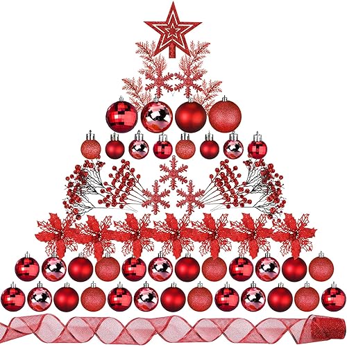 Sratte 94 Pcs Christmas Tree Decorations Set, Christmas Tree Ball Ornaments Glitter Poinsettia Flowers Decorations Glitter Berries Stems for Xmas Holiday Wedding(Red)