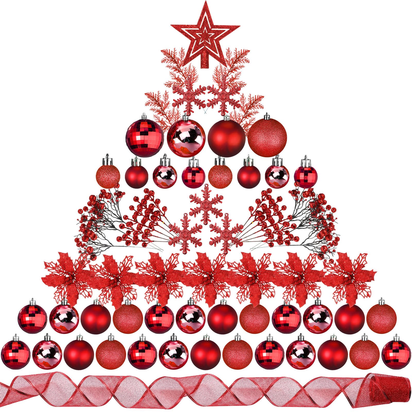 Lot de 94 décorations de sapin de Noël comprenant des boules de Noël à paillettes - Poinsettia - Fleurs de poinsettia à paillettes - Tiges de baies à paillettes pour Noël, vacances, mariage (rouge)