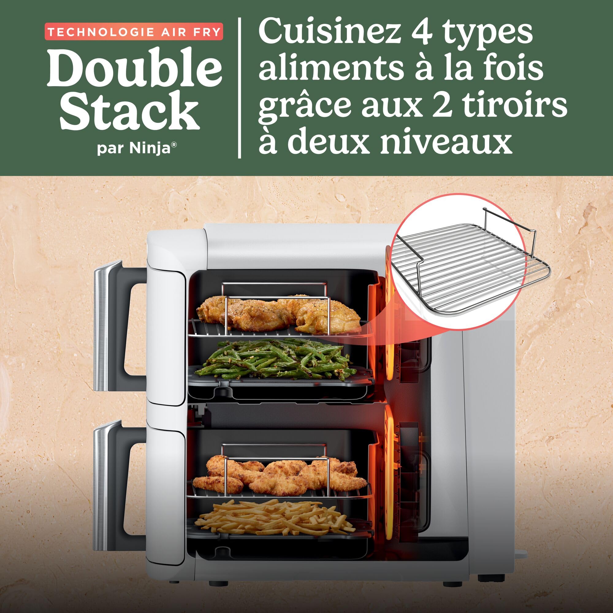 NINJA Double Stack XL Air Fryer, Friteuse sans huile Verticale Double Tiroir 4 Niveaux de Cuisson, 2 Tiroirs, 2 Grilles, Capacité de 9,5 L, 6 Fonctions, 8 Portions, Pinces, Blanc SL400EUWH