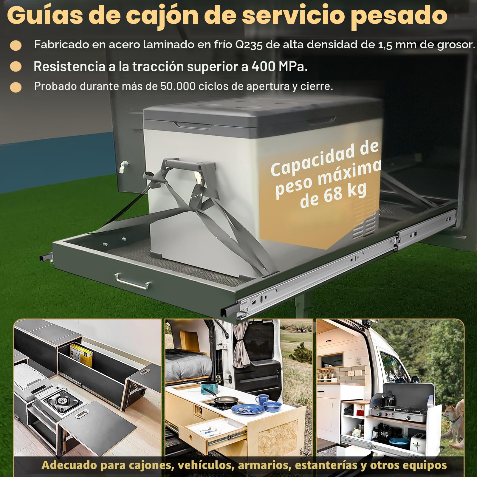 AOLISHENG Guias Correderas Para Cajones Con Freno 1000mm Rieles Para Cajones Extensión Completa 50 KG Capacidad Carga Guías Laterales Para Cajones Con Rodamiento de Bolas 1 par (2 piezas)