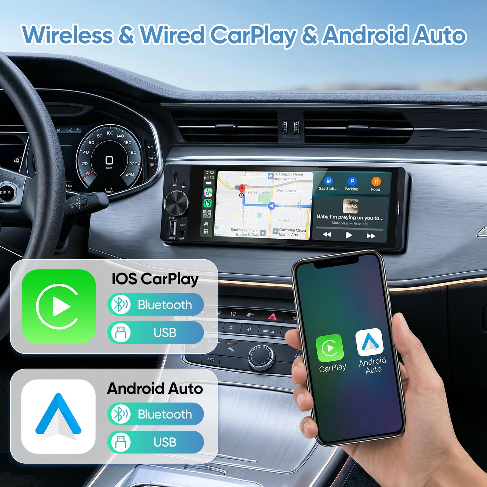 6.3" Single DIN Touchscreen Car Radio with Wireless CarPlay & Android Auto, Backup Camera, Mirror Link, Hands-Free Calling, FM Radio, Steering Wheel Control & Voice Command — view 3