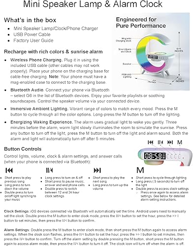 Miniatura 4 de Waveloop - Reloj despertador con altavoz para dormitorios con carga inalámbrica y altavoz Bluetooth G, lámpara de noche RGB con luz de despertador,