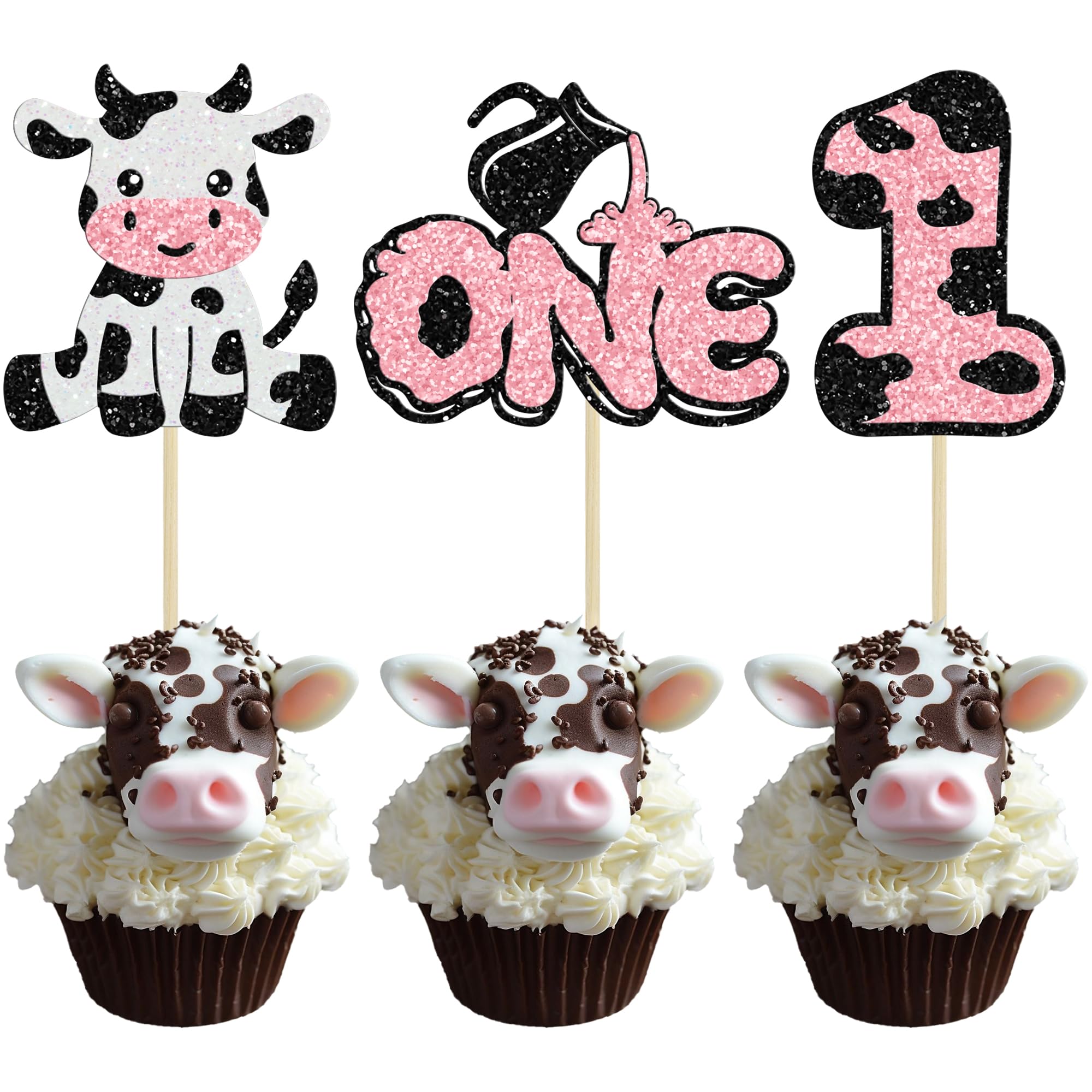 Ephlyn 24Pcs Cow First Birthday Cupcake Toppers Glitter Farm Animals Moo One Cupcake Pick Decorations for Baby Shower 1st Birthday Party Supplies Pink