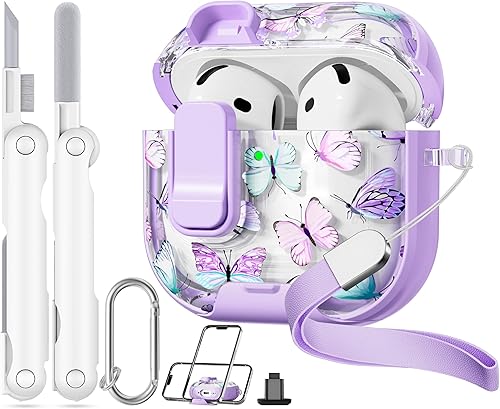 Funda con bloqueo de seguridad para Apple AirPods 4, bonita funda transparente floral para AirPod de 4 generación con soporte para teléfono y kit de