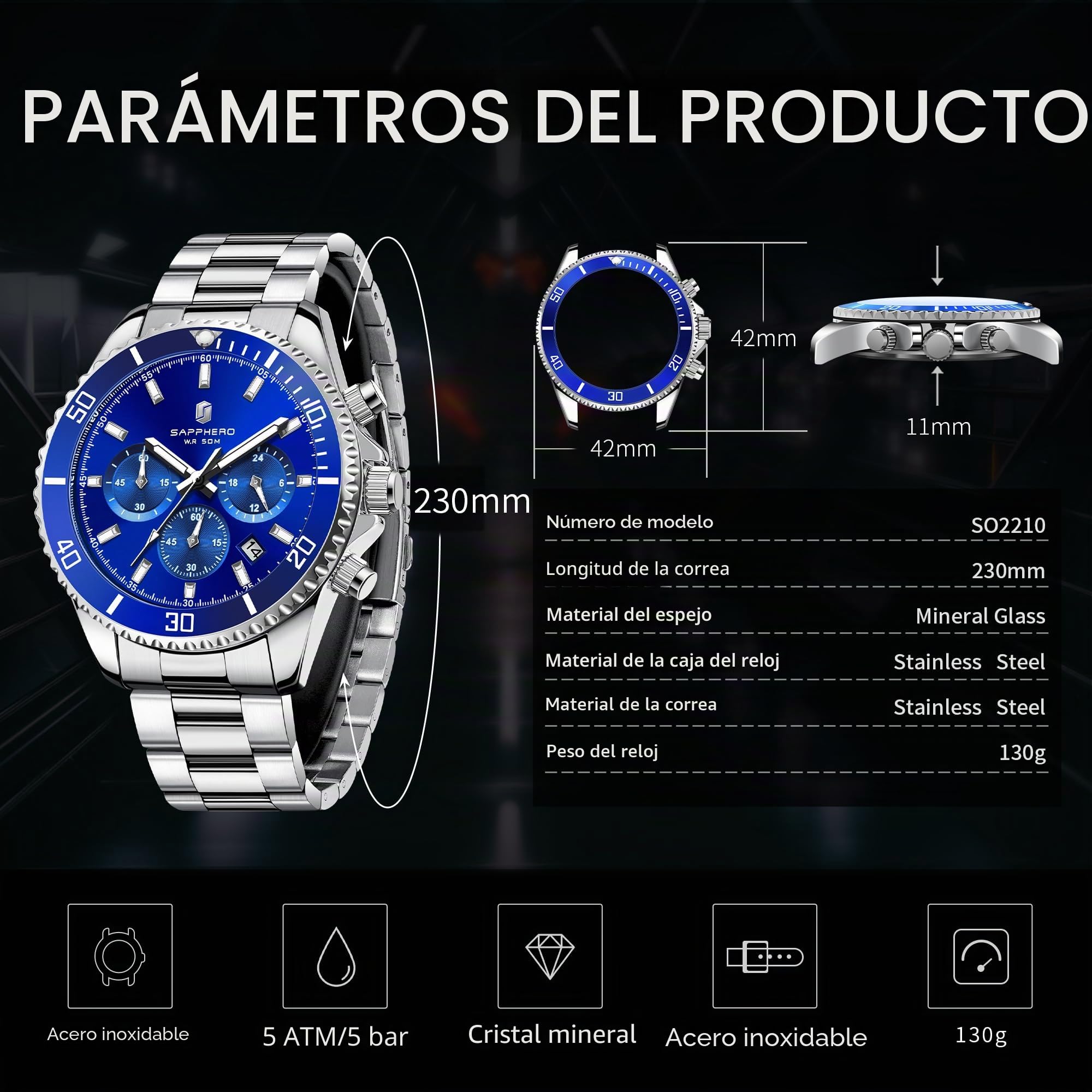 SAPPHERO Reloj Hombre Cronografo Analógico Movimiento de Cuarzo 50M Impermeable Relojes para Hombre Banda de Acero Inoxidable Clásico Casual Diseñador Relojes Elegante Regalo para Hombre