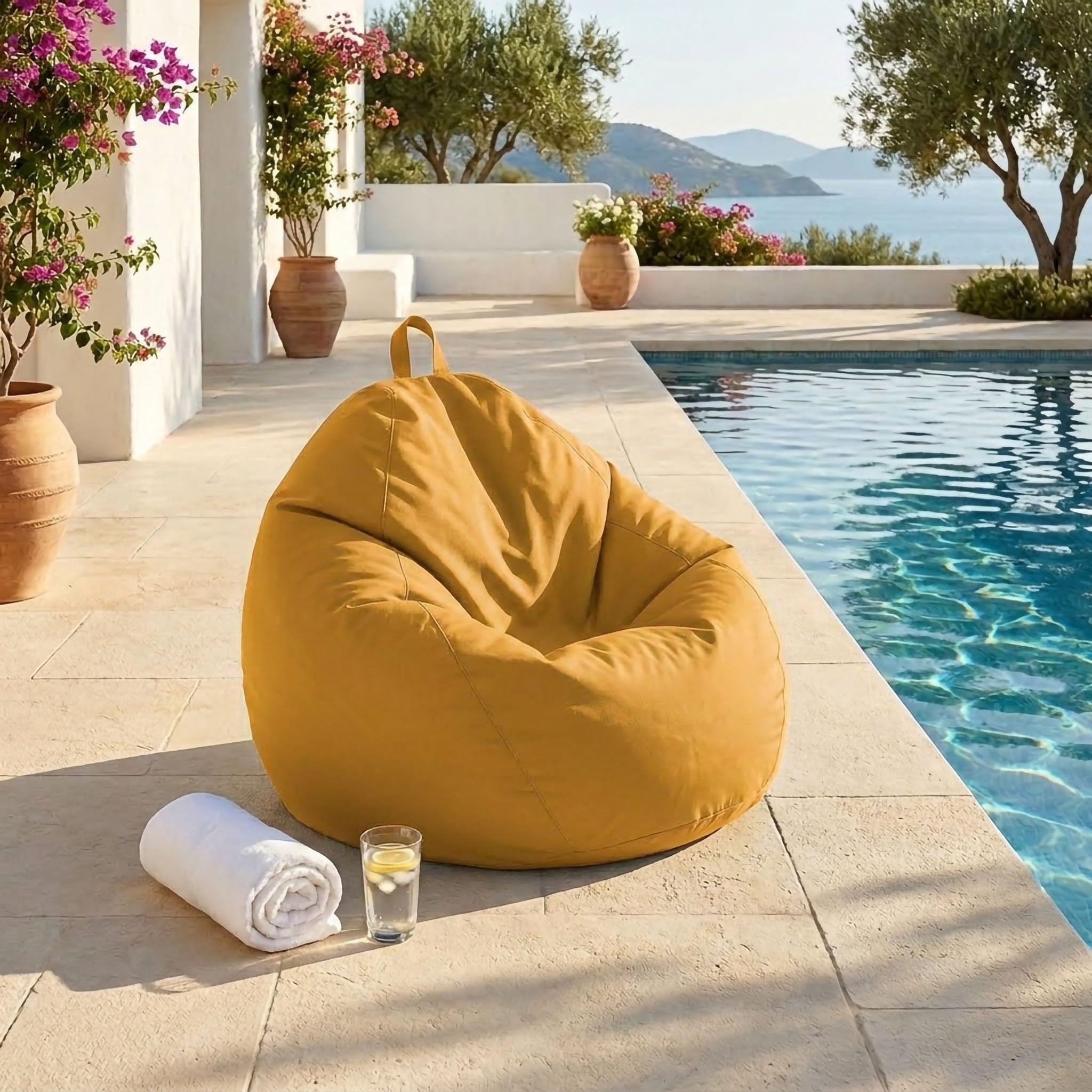 Pouf Poire Extérieur Géant Déhoussable, Rembourrage 200 L de Billes de Polystyrène Inclus, Taille XL Adulte et Enfant, 120x110 cm, Jaune