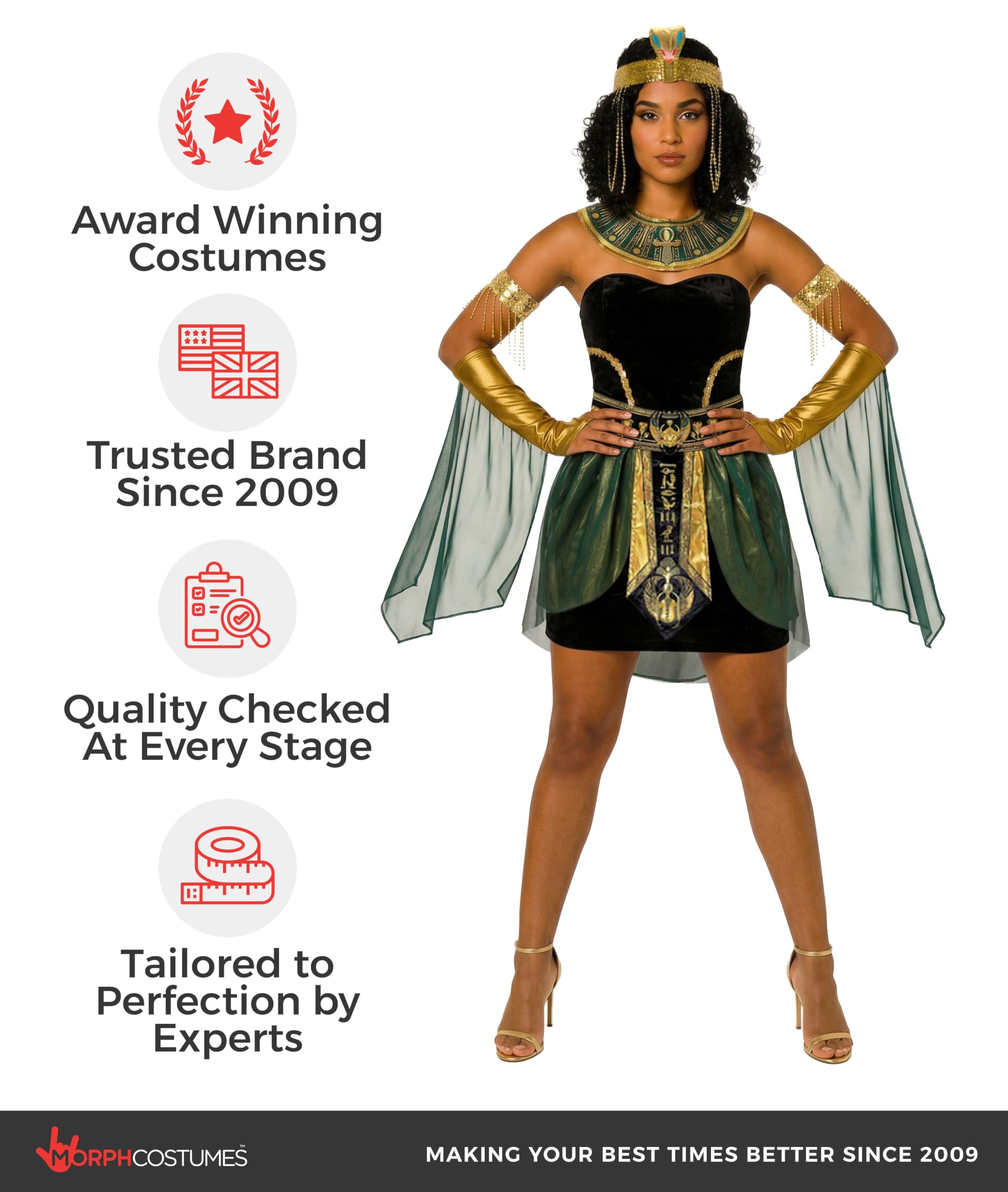 Morph Deguisement Cleopatre Femme, Costume Egyptien Halloween Femme | Robe, Brassards, Collier & Coiffe, Reine du Nil Égyptienne, À Enfiler, Parfait pour Halloween, Idéal pour se Déguiser