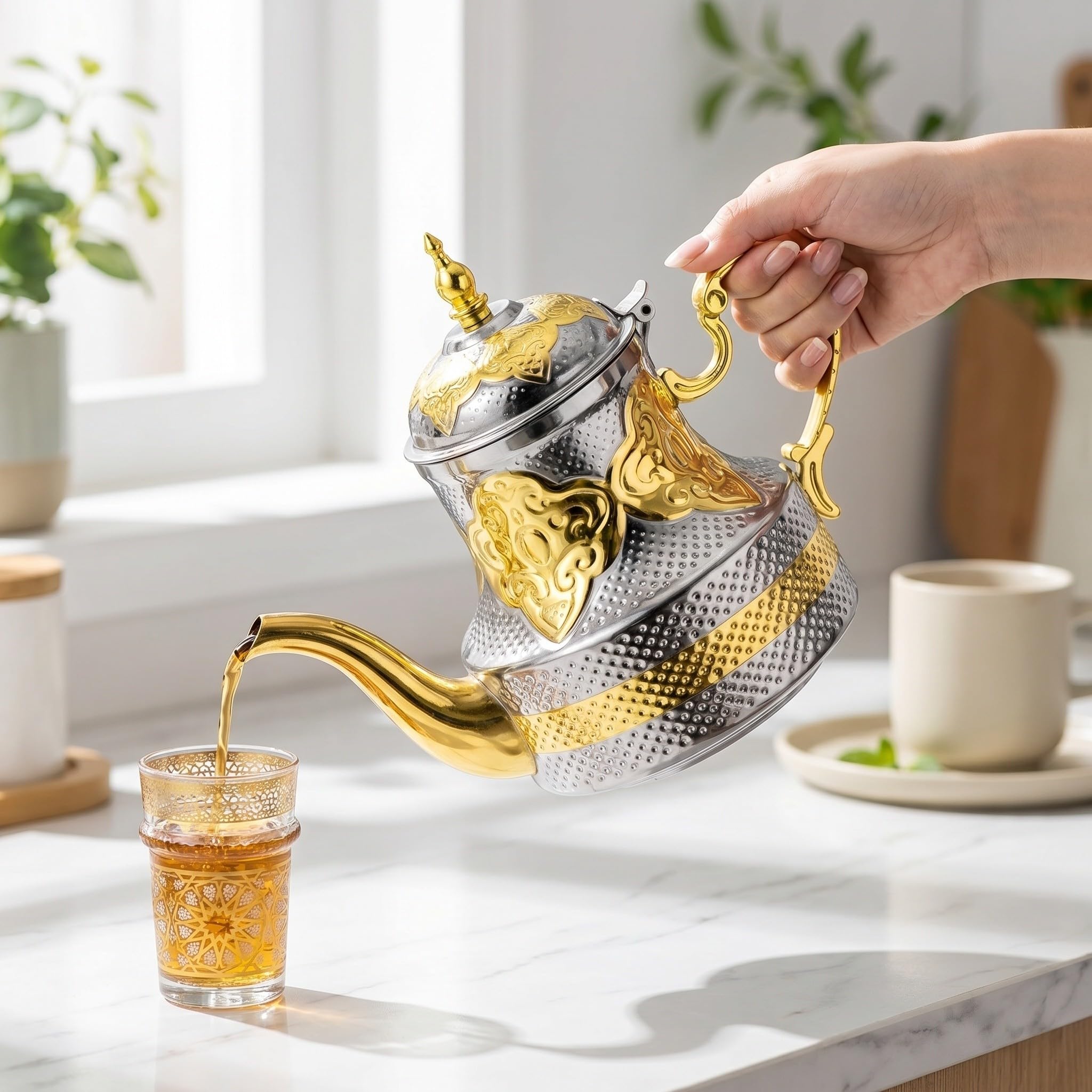 DOITOOL Marokański dzbanek do herbaty: serwer do kawy po arabsku - 1200 ml turecki dzbanek ze stali nierdzewnej - czajnik z precyzyjną wylewką typu "gęsia szyja" - naczynia do serwowania