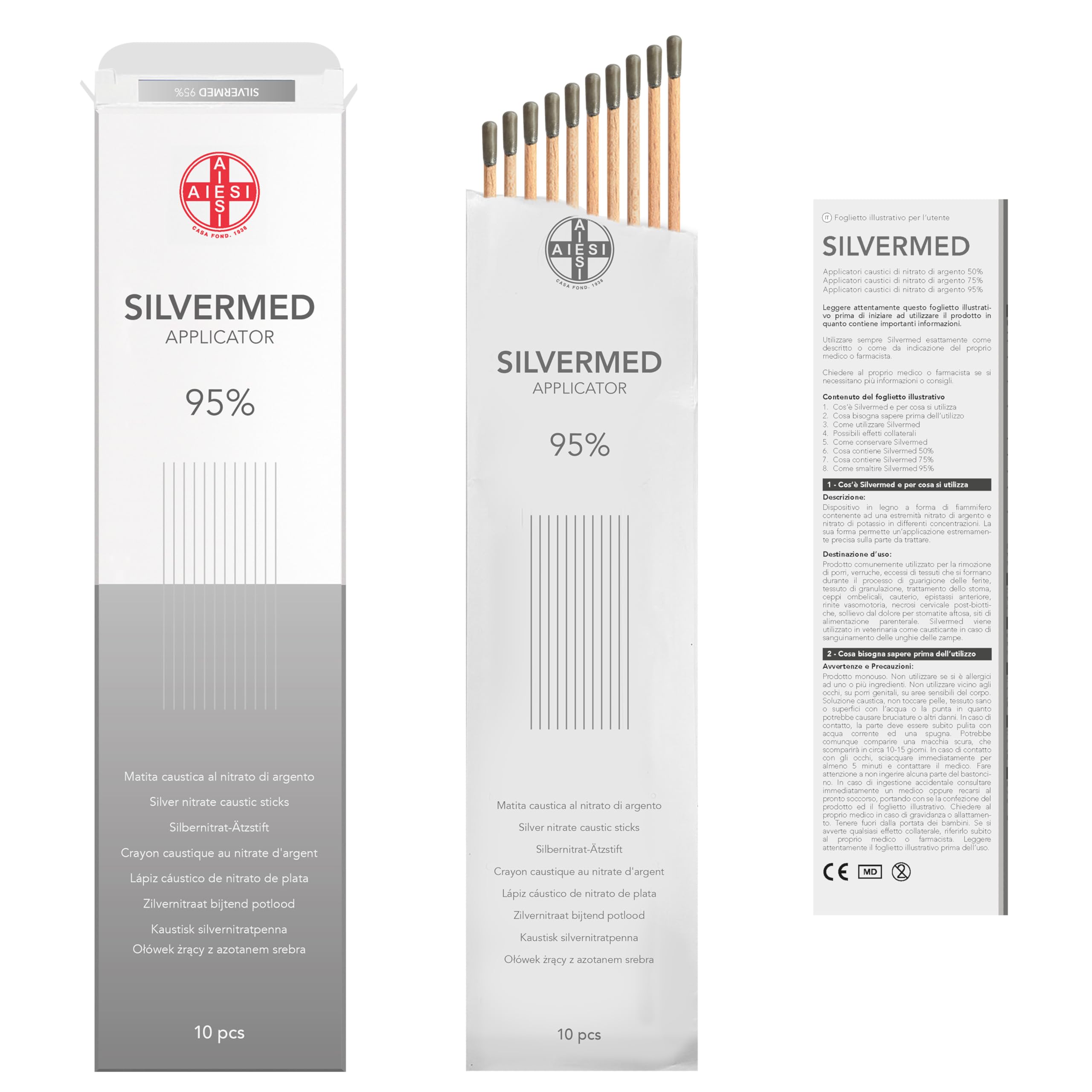 AIESI® Lápiz Cáustico de nitrato de plata al 95% para eliminar verrugas mezquinos y tejidos SILVERMED 95 (Paquete de 10 aplicadores)