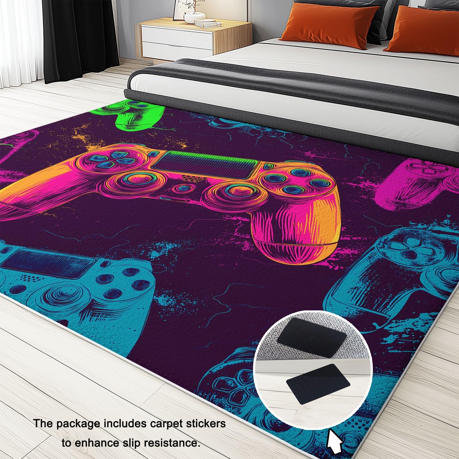 Tappeto moderno con controller di gaming, fondo morbido antiscivolo, a pelo corto, di medie dimensioni, per camera dei bambini, cucina e camera da letto, delicato sulla pelle, viola, 120 x 170 cm