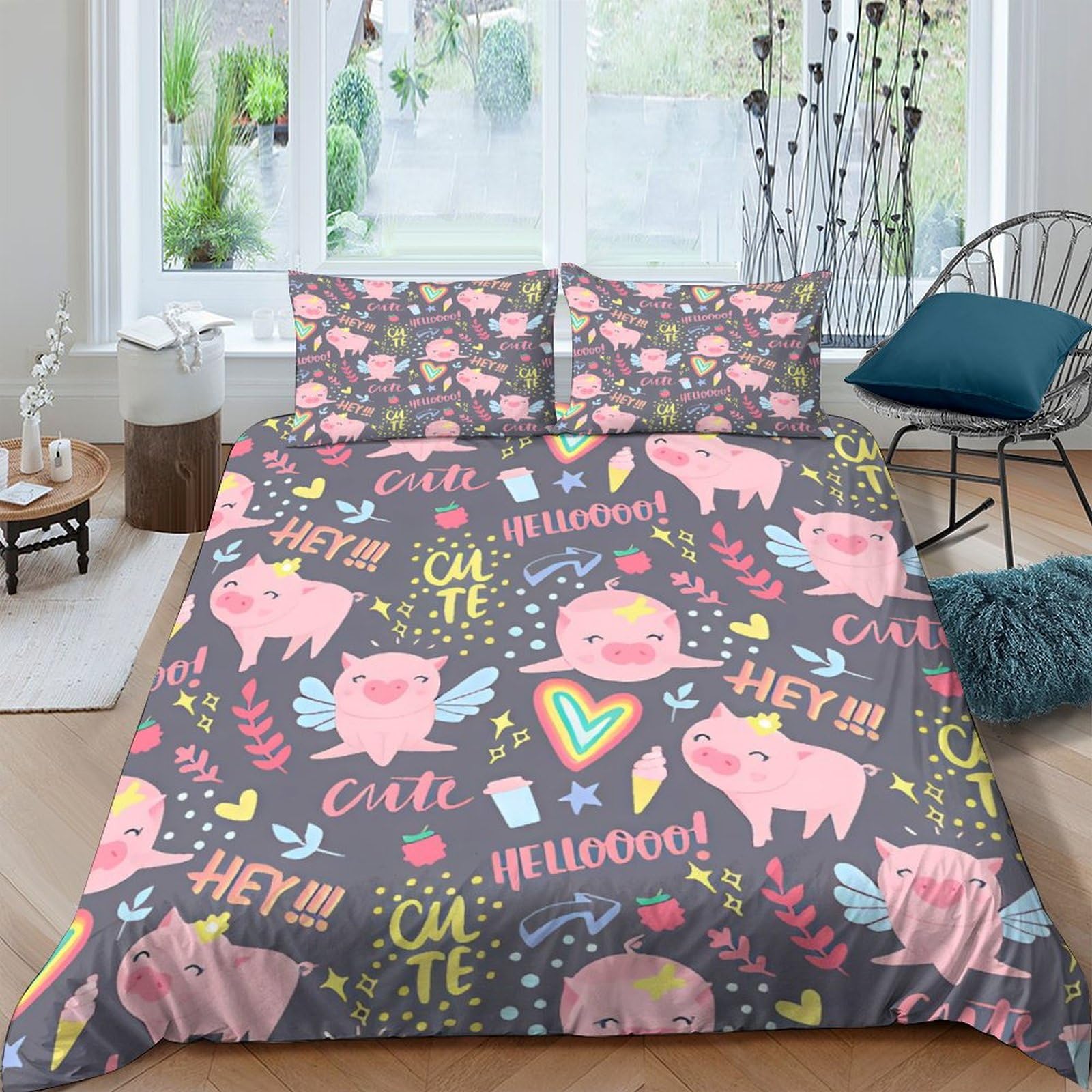 Housse de couette microfibre imprimé 3D Ange Cochon 200x200
