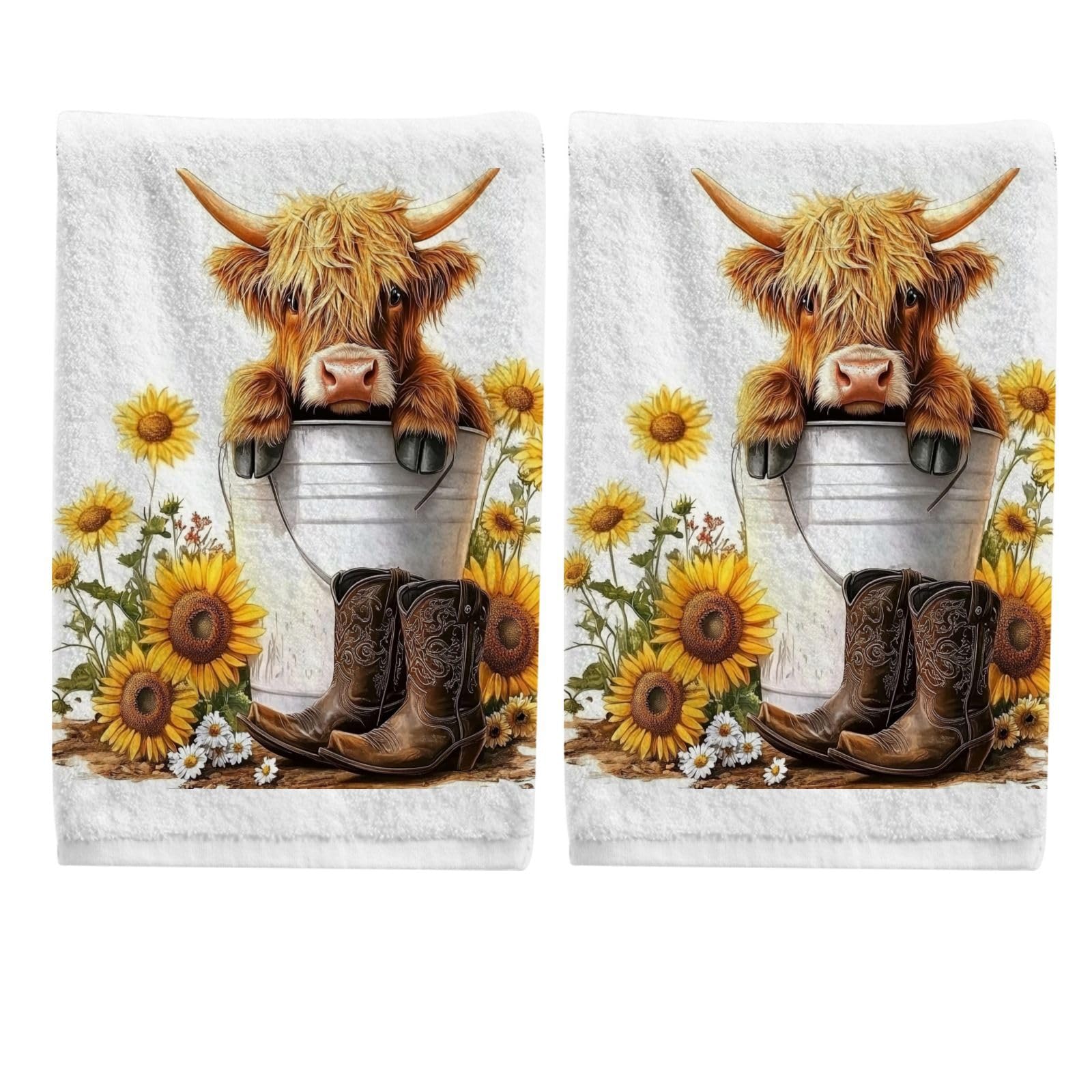 ALAZA Hand Towel Set of 2 100% Cotton Bath Towels Highland Cow Sunflowers for Bathroom Housewarming Decor Gifts