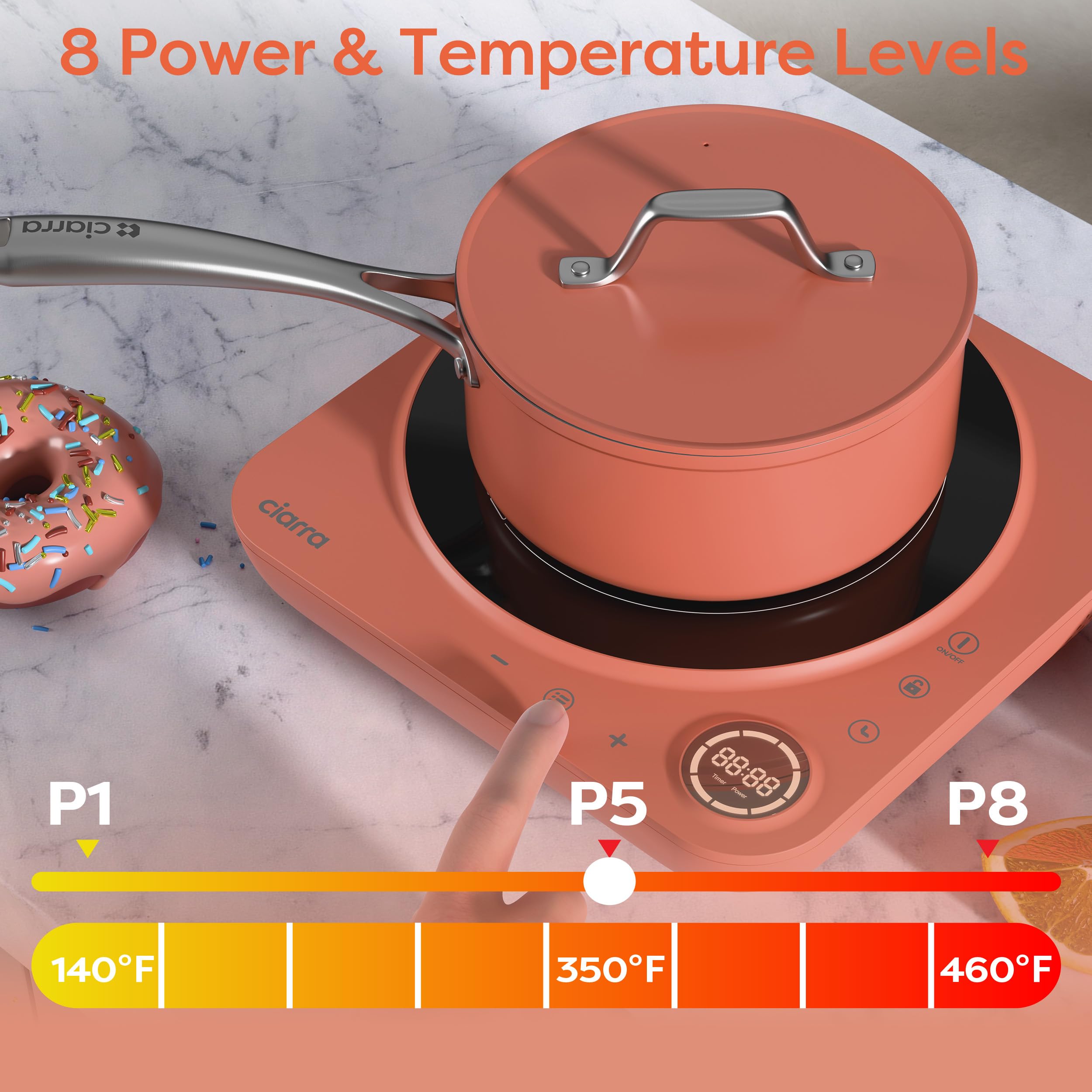Ciarra Plaque de Cuisson à Induction, Portable, 2000 W, 8 Nveaux de Puissance, Minuterie de 240 Minutes, Commande Tactile, Orange