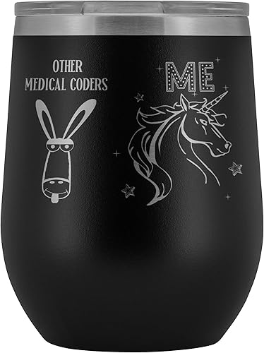 Medical Coder - Vaso de vino con diseño de unicornio de 12 onzas, acero inoxidable grabado, con aislamiento, color negro