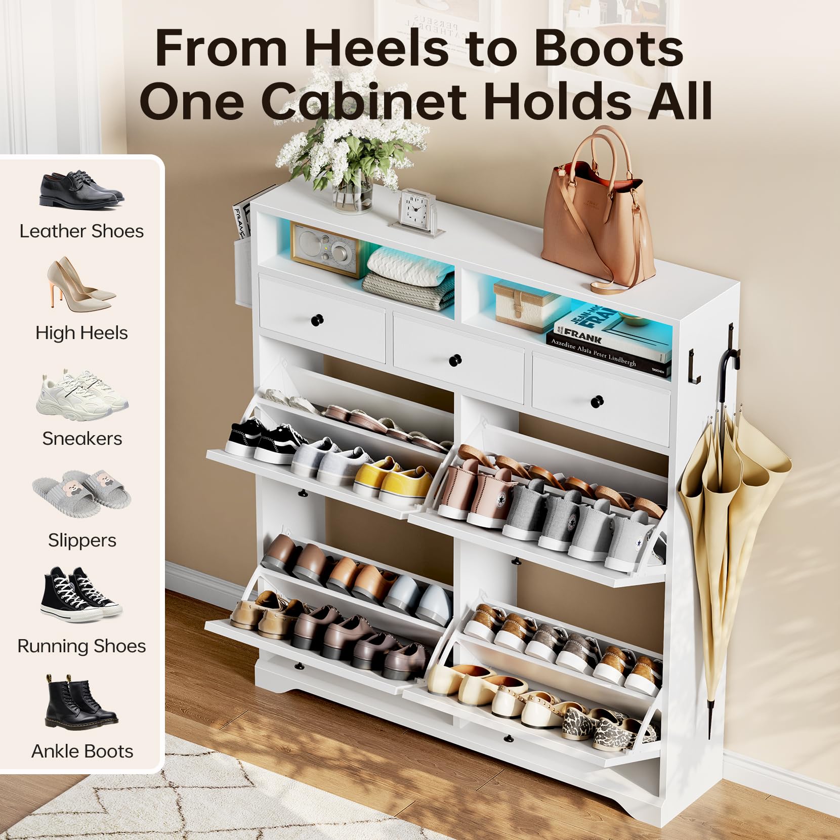 Dripex Schuhschrank schmal 4 Klappen und 3 Stoffschubladen, 96 x 24.5 x 111cm, Schuhkipper mit LED, Verstellbare Trennwände, 2 Kommode Schuhregal, 16-24 Paar Schuhe | Weiß