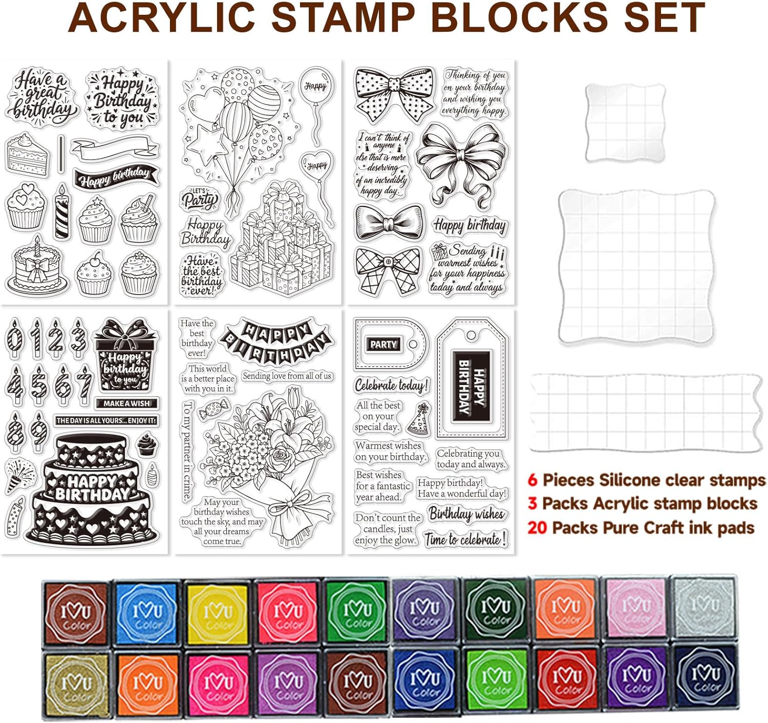 6 Pcs Clear Stamps for Birthday Card Making Supplies, 20 Ink Pad, 3 Acrylic Stamp Block, Silicone Stamp with Birthday Word Candle Banner Cake Stamps for Crafting DIY Scrapbooking Journal
