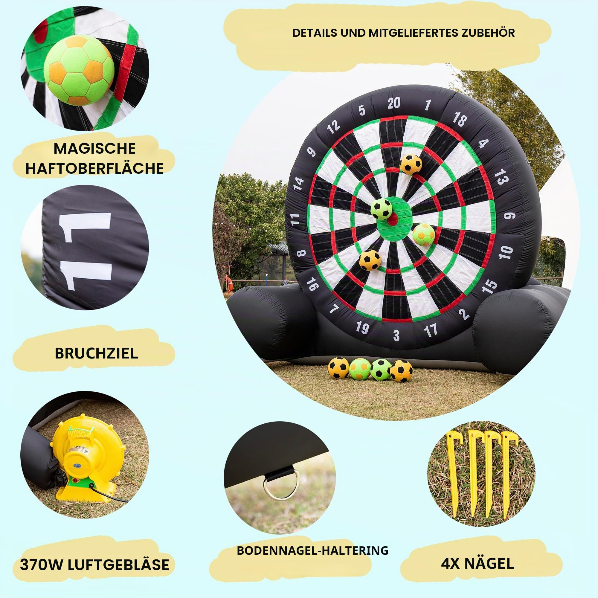 Aufblasbares Dartboard für Fußball-Dartpfeile im Freien (3 m hoch) – inklusive 8 Bälle und 370 W Ventilator – Riesenspiel mit großem Ziel