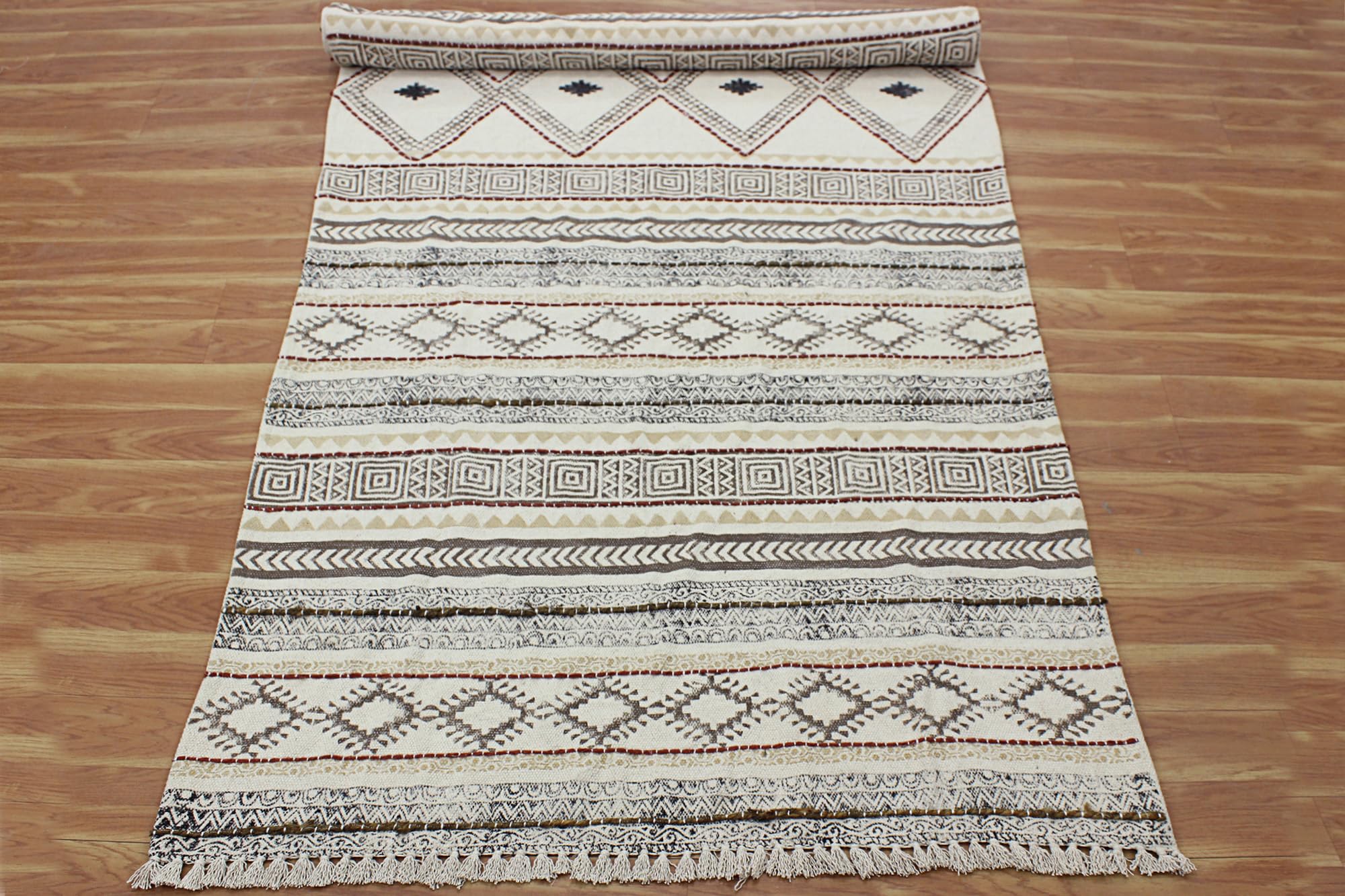 Kilim Bieżnik bawełniany 2,6 x 4, beżowy i brązowy chodnik boho, do wewnątrz, na zewnątrz, bieżnik, 0,5 cm, kamień, łatwy do prania, pranie ręczne, bawełniany dywan, płaski splot chodników do kuchni,