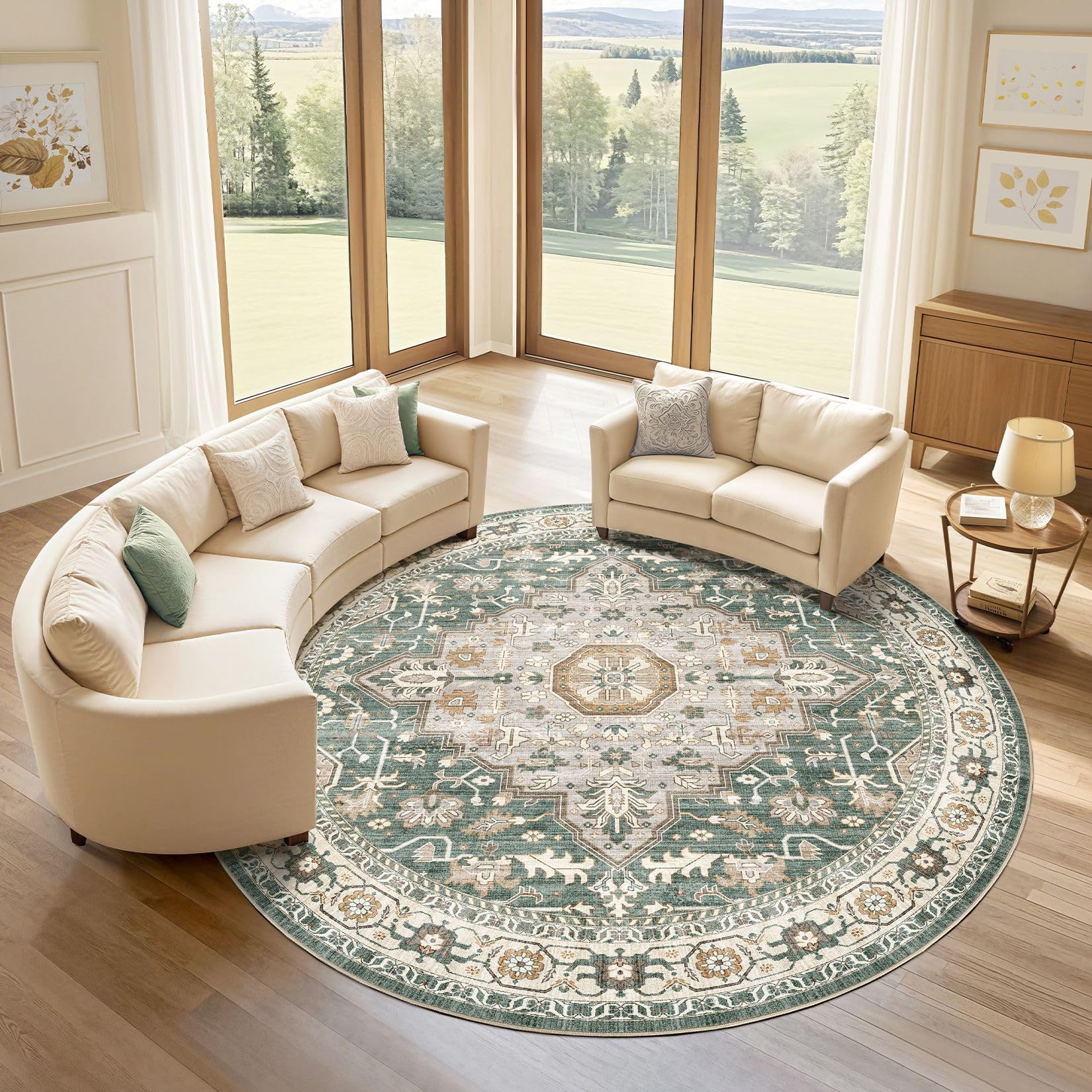 LOONGRUG Round Rug 7x7 Washable Vintage Boho Living Room Soft Rug Green