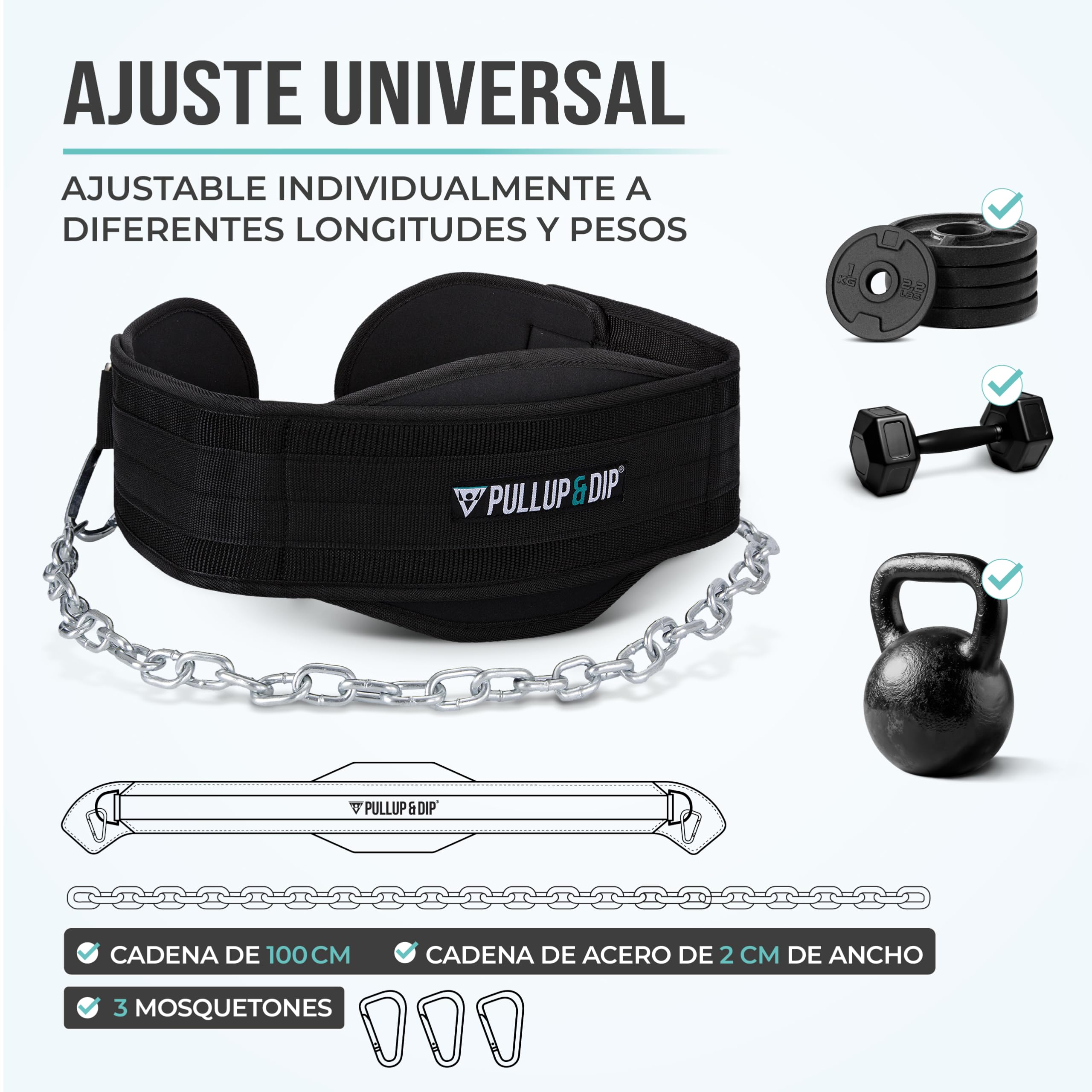 PULLUP & DIP Cinturón con Cadena y 3 Mosquetones, Dip Belt con Solapas de Neopreno como Protección de la Ropa, Cinturón de Inmersión con Pesas, Cinturón de Halterofilia para Calistenia, Musculación