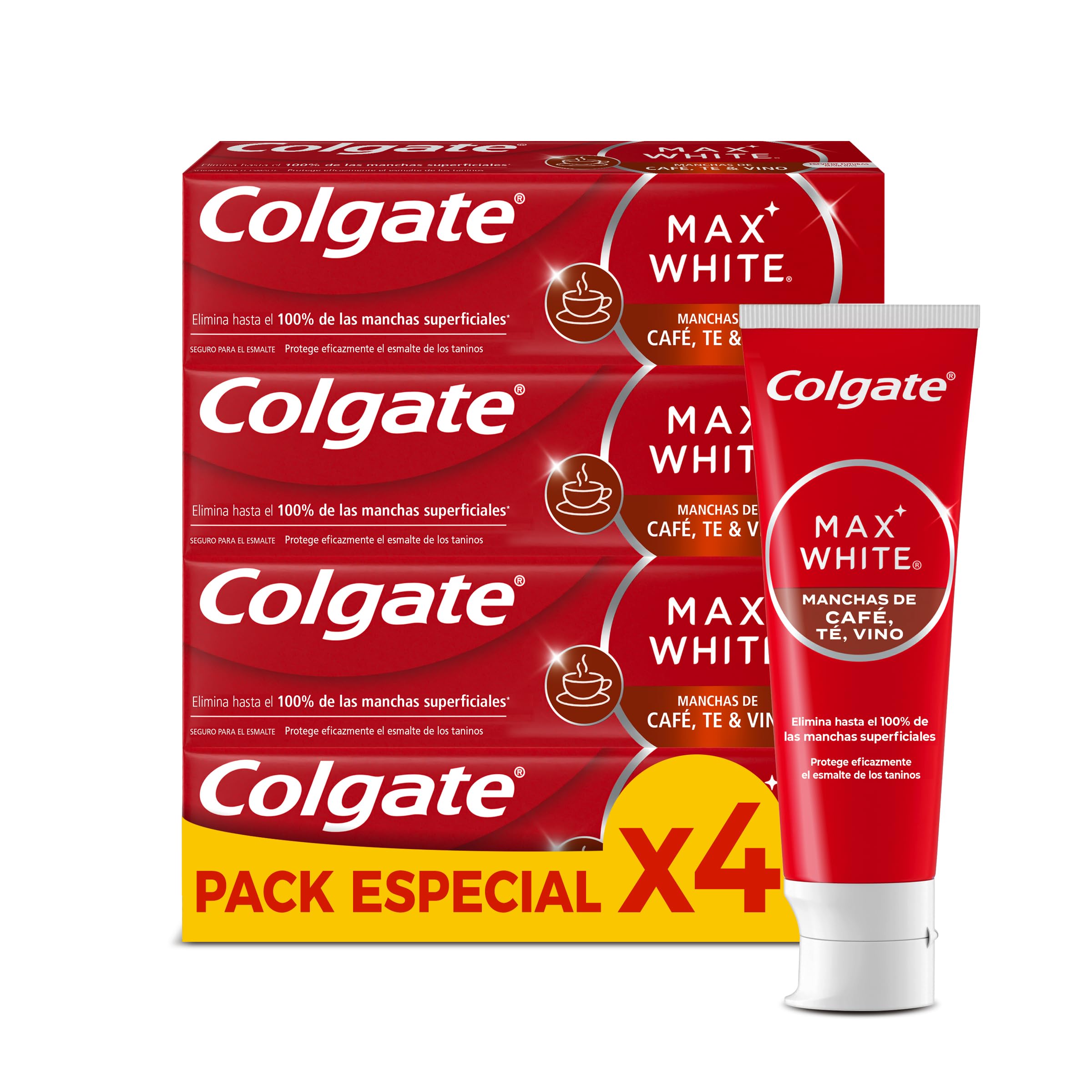 Colgate Pasta de dientes blanqueadora Max White For Coffee 4 x 75ml, Tea & Wine, elimina hasta el 100% de las manchas superficiales, protege el esmalte de los taninos, segura para el esmalte con descuento
