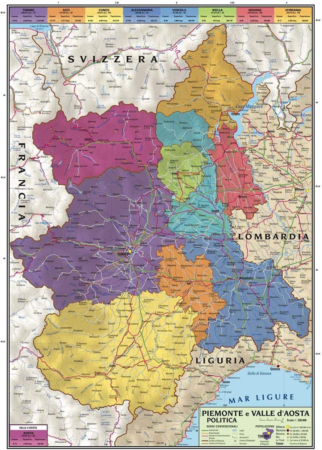 Cartine geografiche bifacciali politiche e fisiche Regioni D'Italia 100x140 cm complete di aste (Piemonte e Valle D'Aosta)