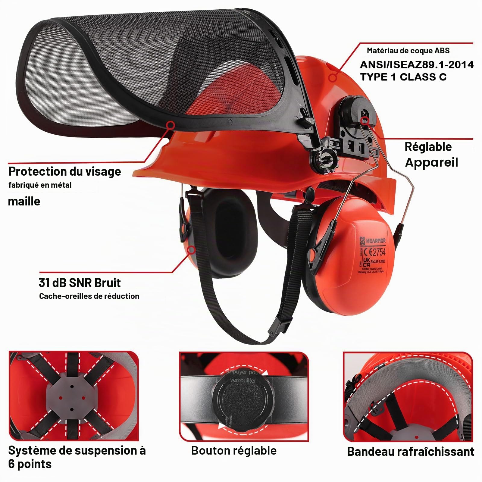 HEARMOR Casque de protection pour tronçonneuse avec visière en maille d'acier et protection auditive pour paysagistes et forestiers - Inclus sac portable et doublure de casque rafraîchissante