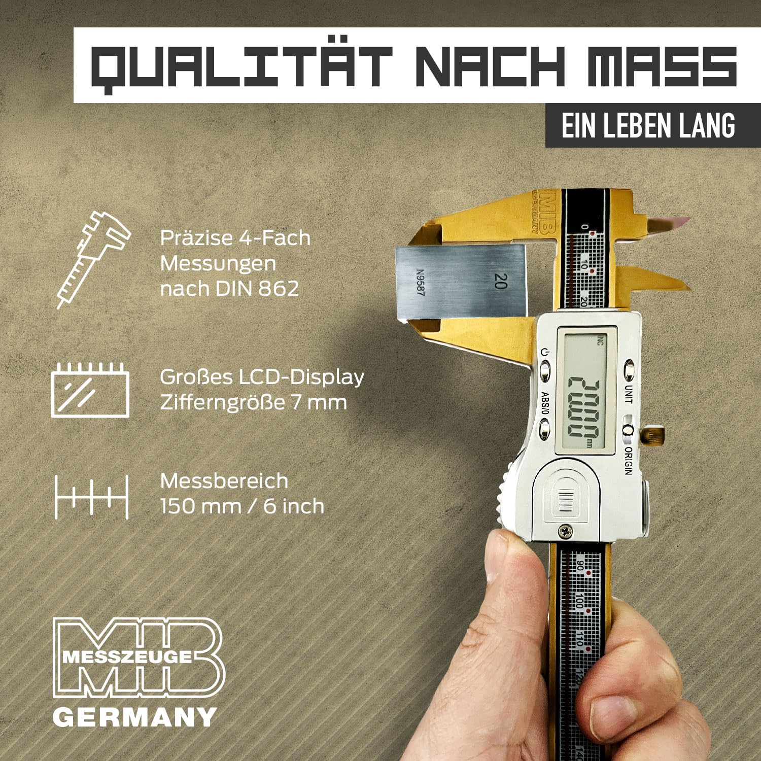 MIB Calibro digitale con sistema assoluto e rivestimento TiN DIN 862, 150 mm, misuratore di precisione, misurazione a 4 livelli, calibrazione, set di utensili digitali con batteria da 3 V e scatola di