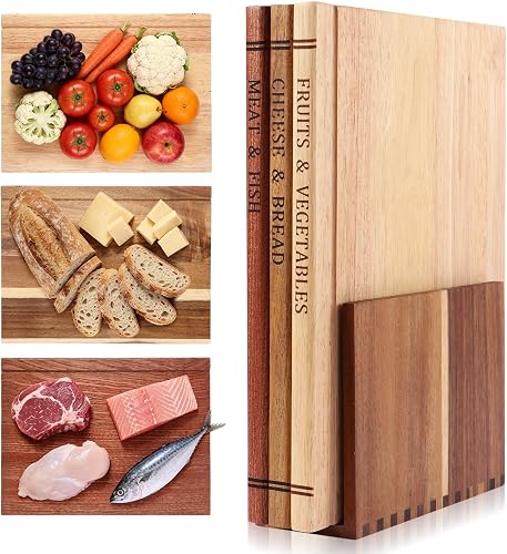 Book Cutting Board Set - Food Safe, Non-Slip Chopping Boards for Kitchen Organization and Stylish Serving,Acacia Wood