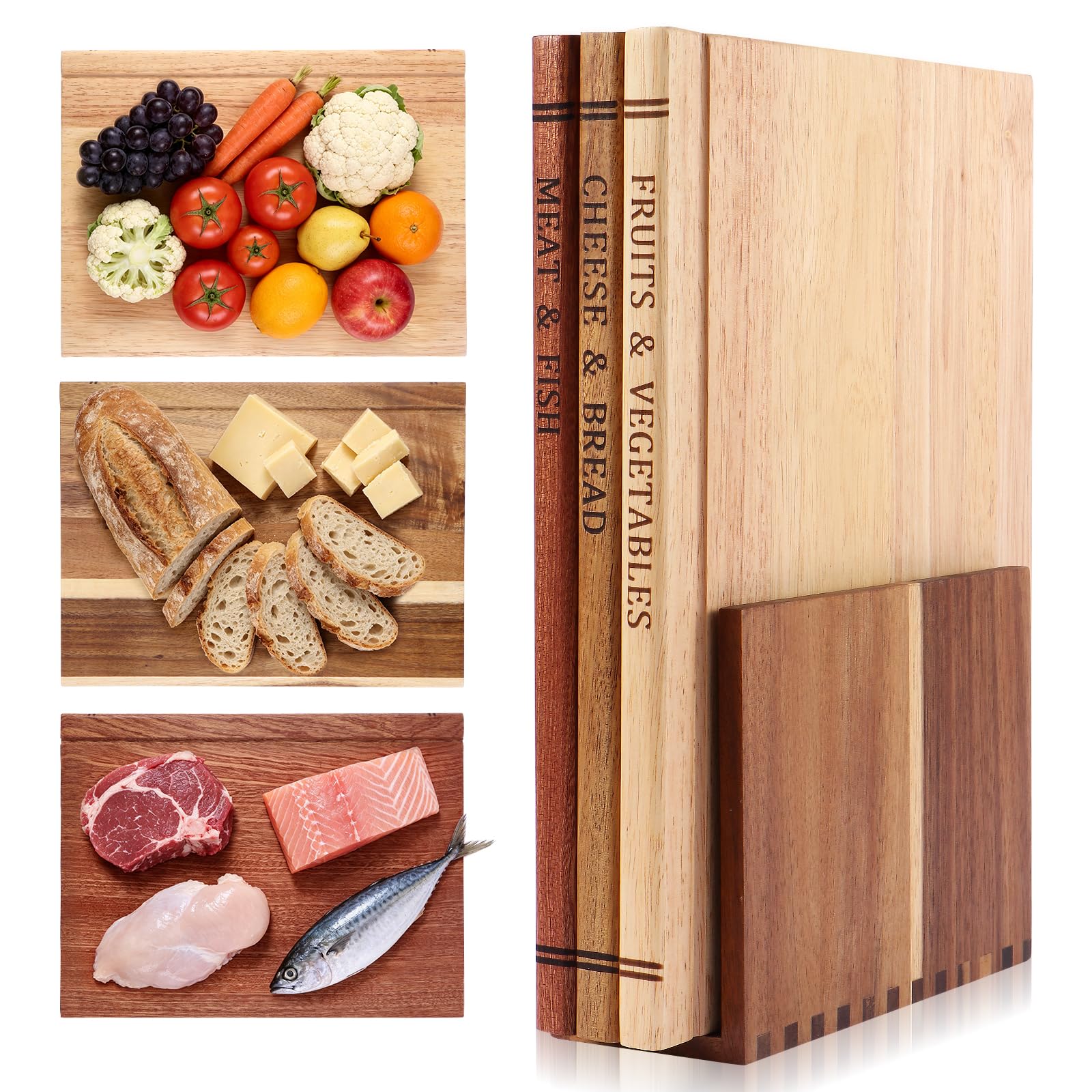 Book Cutting Board Set - Food Safe, Non-Slip Chopping Boards for Kitchen Organization and Stylish Serving,Acacia Wood