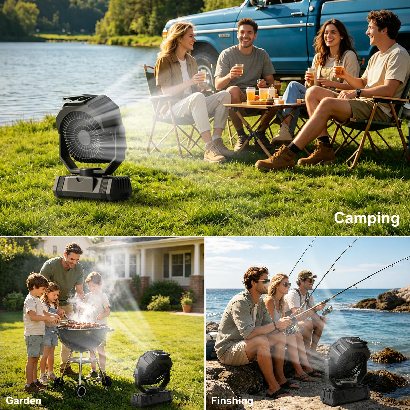 Richday Ventilador Camping Nebulizador 20000mAh, Ventilador Portátil Recargable con Batería, Depósito 300ml, Control Remoto, 270° de Rotación, Timer, Luz LED, para Oficina Tienda Viaje