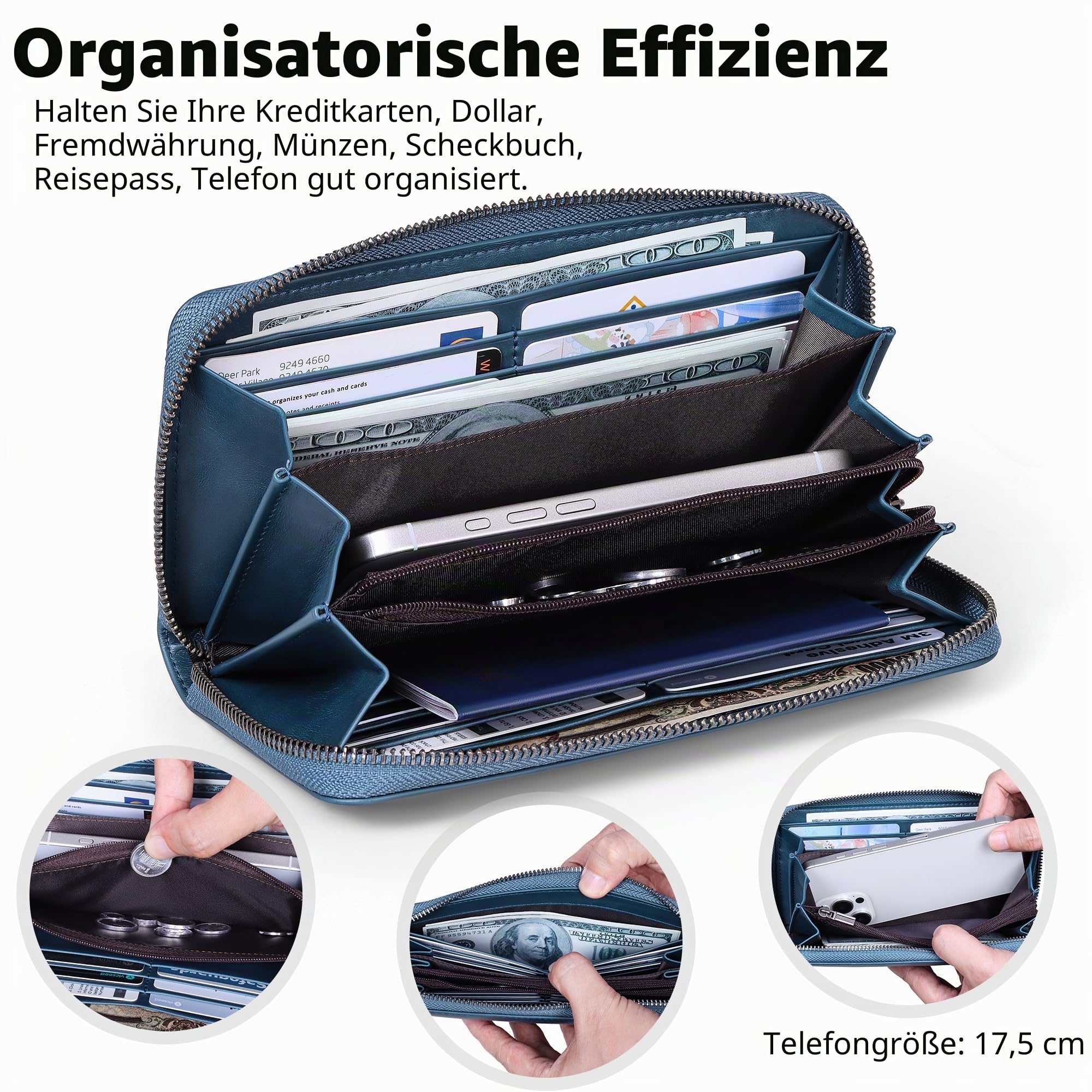 VISOUL Premium Brieftasche Echtleder Italienisches Leder mit RFID Schutz, XL Geldbörse für Herren Damen L02 (Blau)