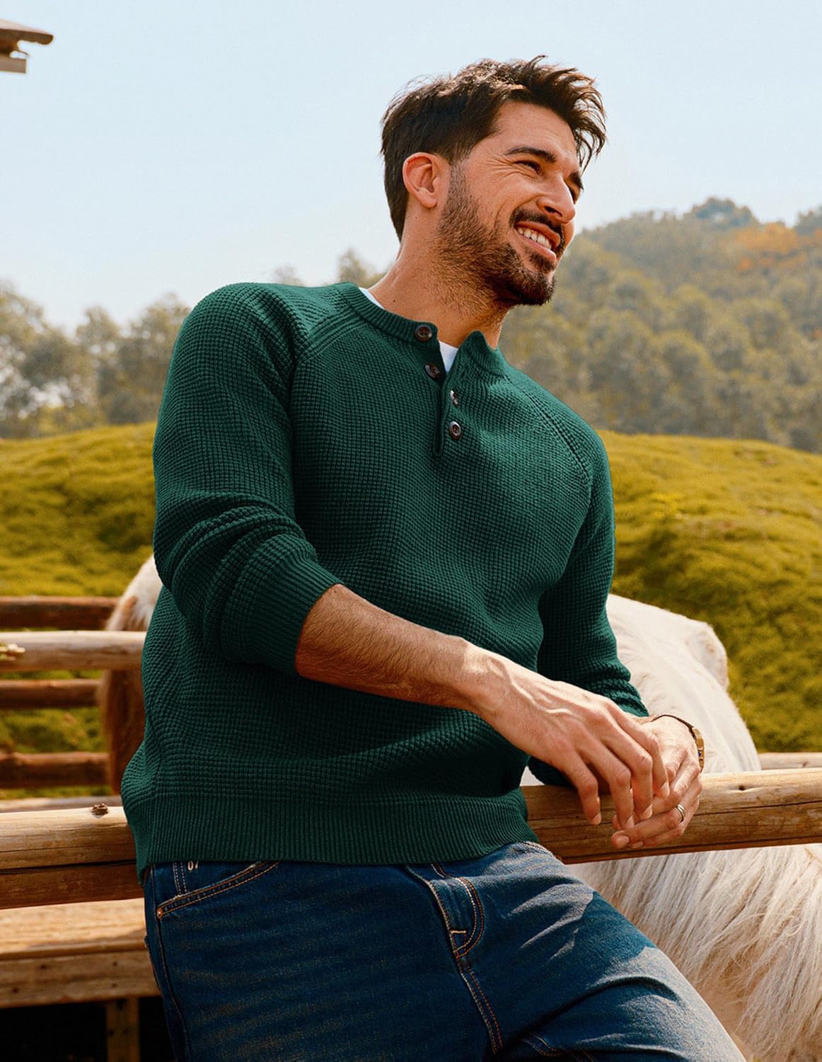 PJ PAUL JONES Mens Sweaters Casual Waffle Pullover Sweater Button Crewneck Textured Knit Henley Sweaters - Image 4