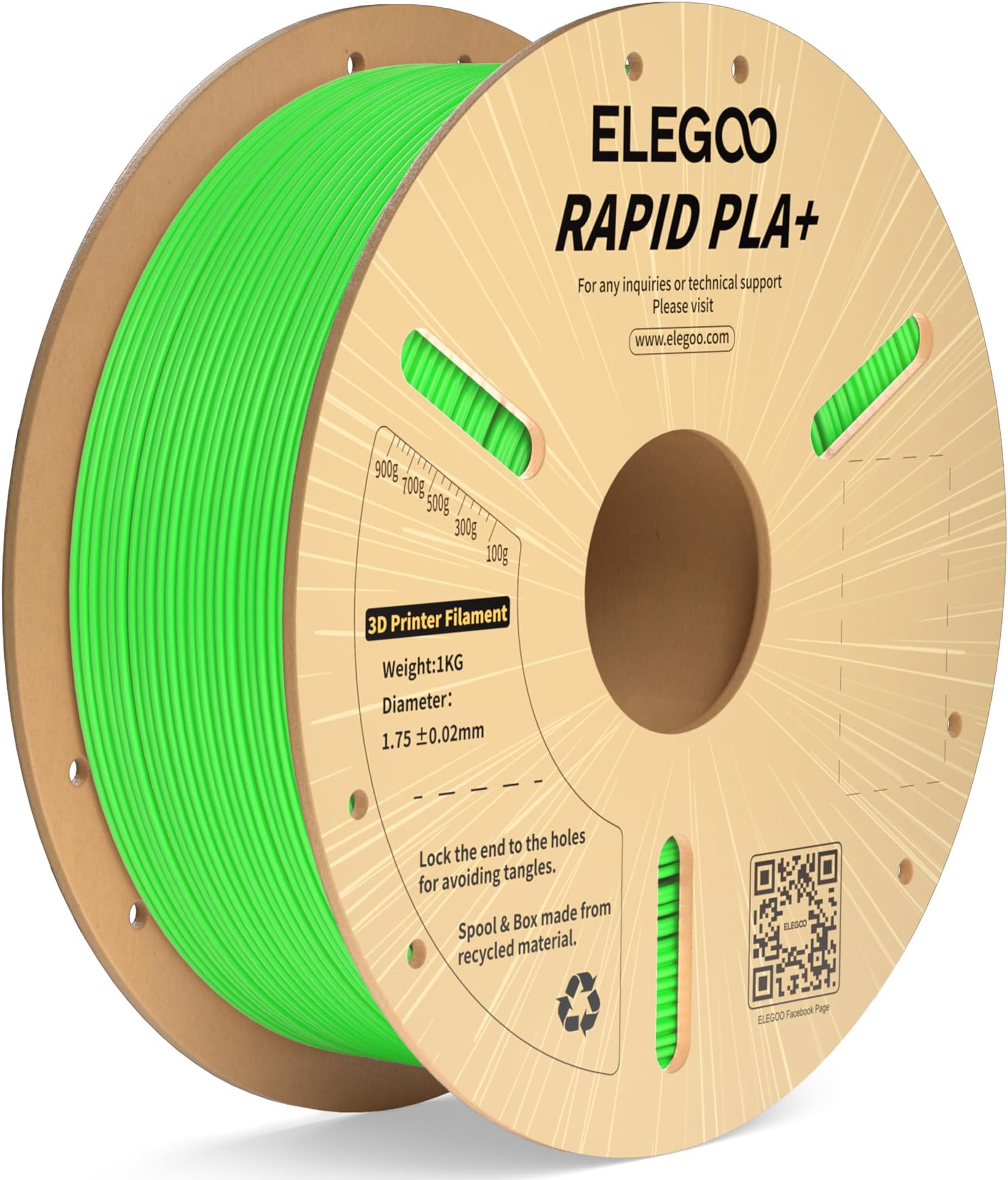Rapid PLA Plus Filament 1.75mm Green 1KG, PLA+ 3D Printer Filament Up to 600 mm/s High Speed Printing, Dimensional Accuracy +/- 0.02 mm, 1kg Cardboard Spool(2.2lbs)