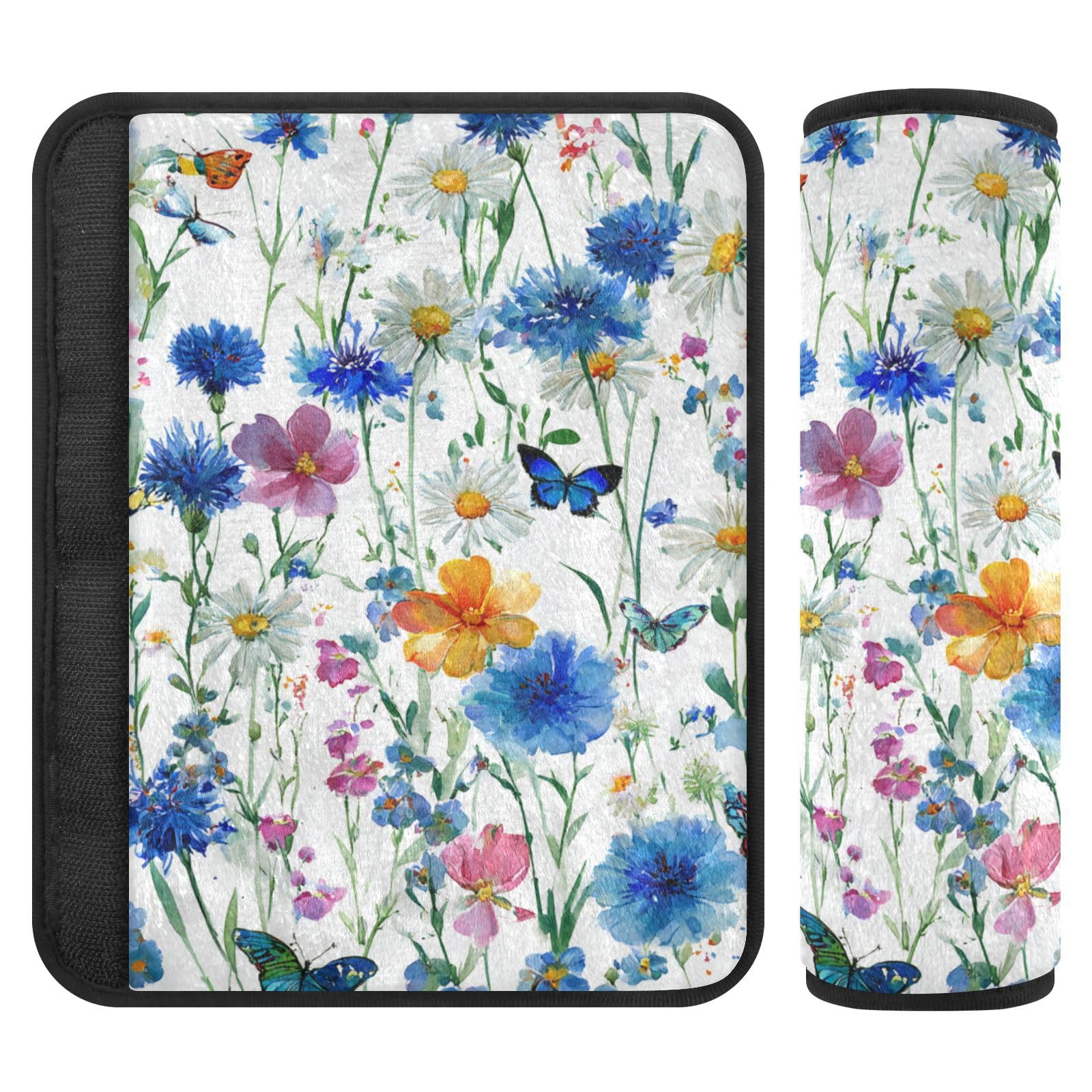 2 Pack Seatbelt Covers Seat Belt Cover Pad for Adults Boys Girls Car Seat Strap Covers Pads Cushion Universal Shoulder Strap Pad Protector for Backpack Camera Bag 6.5 Inch Watercolor Cornflower Daisy