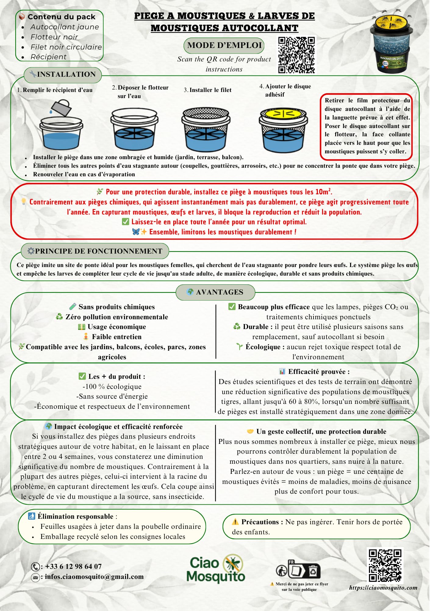 Piège à Moustiques Tigres avec Récipient & Couvercle – Innovation 2025 – Piège à Larves Écologique sans Insecticide – Solution Anti Moustique Jardin Terrasse Balcon – Ciao Mosquito®