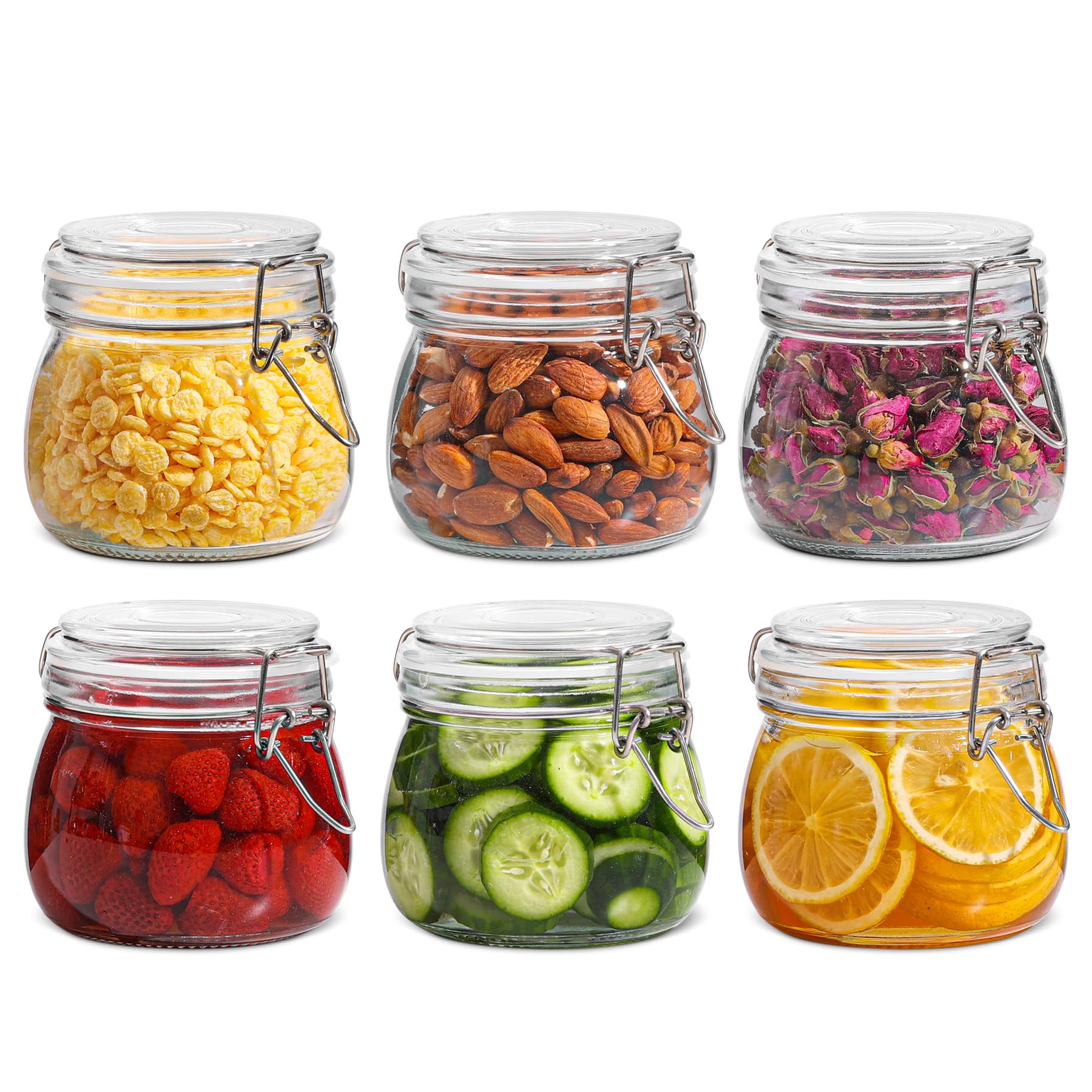 KTMAMA Airtight Glass Jars Set of 6 with Lids 17oz Food Storage Jar Round - Storage Container with Clear Preserving Seal Wire Clip Fastening for Kitchen Canning Cereal,Spice,Sugar,Overnight oats